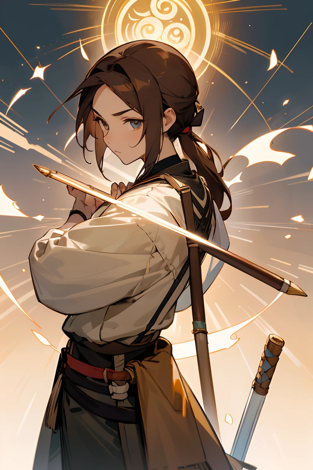 Haruki is a male archer with a slender and athletic build. Her brown hair is long and tied in a ponytail. Her eyes have a twinkle of determination.
Veste um traje de arqueiro tradicional, with a quiver of arrows on his back and Yumi from the Celestial Serpent always at hand.
Haruki's expression is calm and focused,