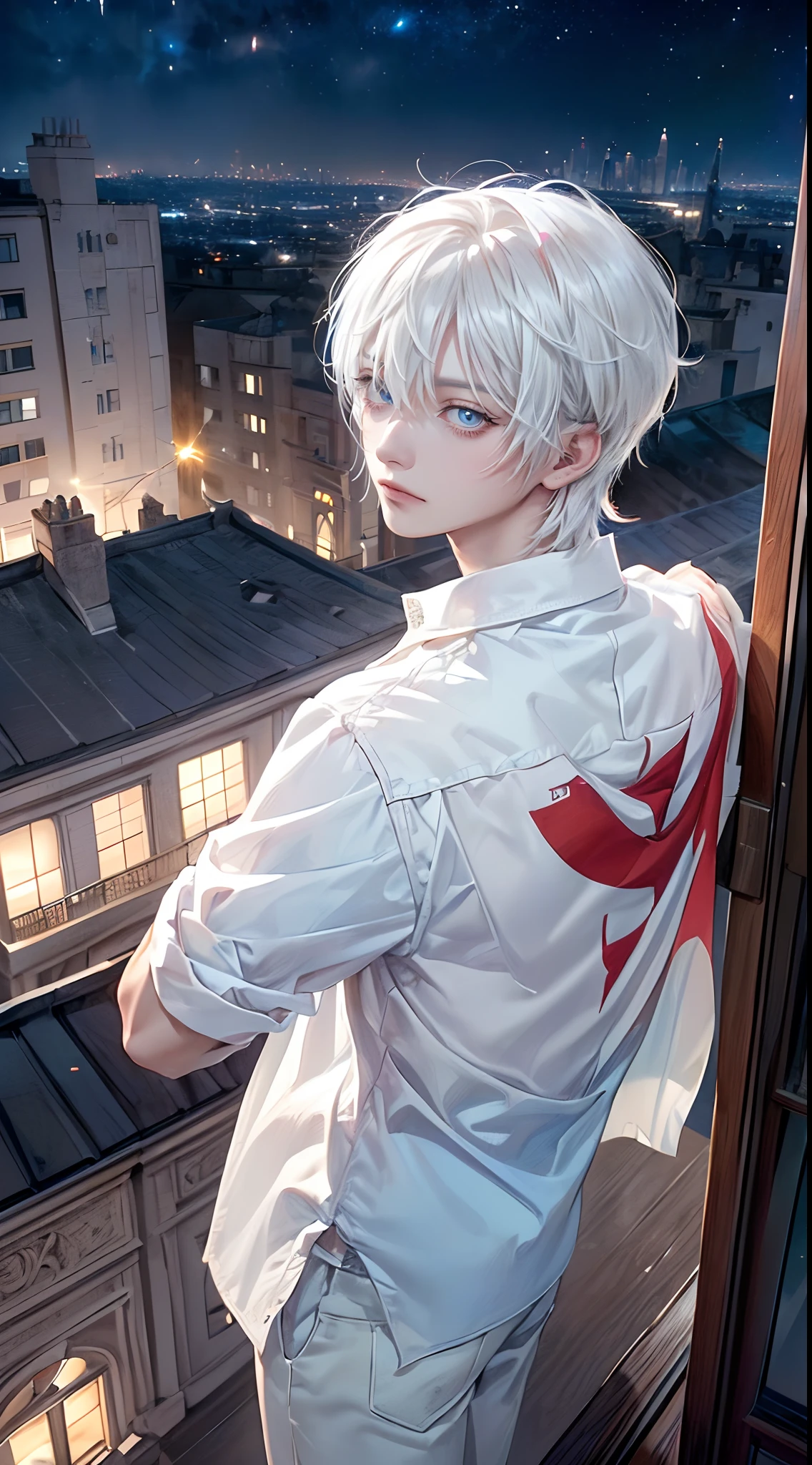 ((4K works))、​masterpiece、(top-quality)、One Beautiful Boy、Slim body、tall、((Black Y-shirt and white pants、Charming street style))、(Detailed beautiful eyes)、Stylish English Black Balcony、Castle inhabited by villains、Black shop window、Balcony at night、((Starry sky in the background))、((dark sky))、((Stylish cityscape))、((Shot on a stylish veranda))、mid night、((Face similar to Carly Rae Jepsen))、((Short-haired white hair))、((Smaller face))、((Neutral face))、((Bright blue eyes))、((American adult male))、((Adult male 26 years old))、((Cool Men))、((Like a celebrity))、((Wild look))、((Korean Makeup))、((elongated and sharp eyes))、((Happy dating))、((boyish))、((Upper body photography))、Professional Photos、((Shot alone))、((shot from back))、((Shot so that the back of the head is visible))、((Shot in close proximity to him))、((Focus zoom in))、((He is watching the sunset))、((He is standing on the balcony))