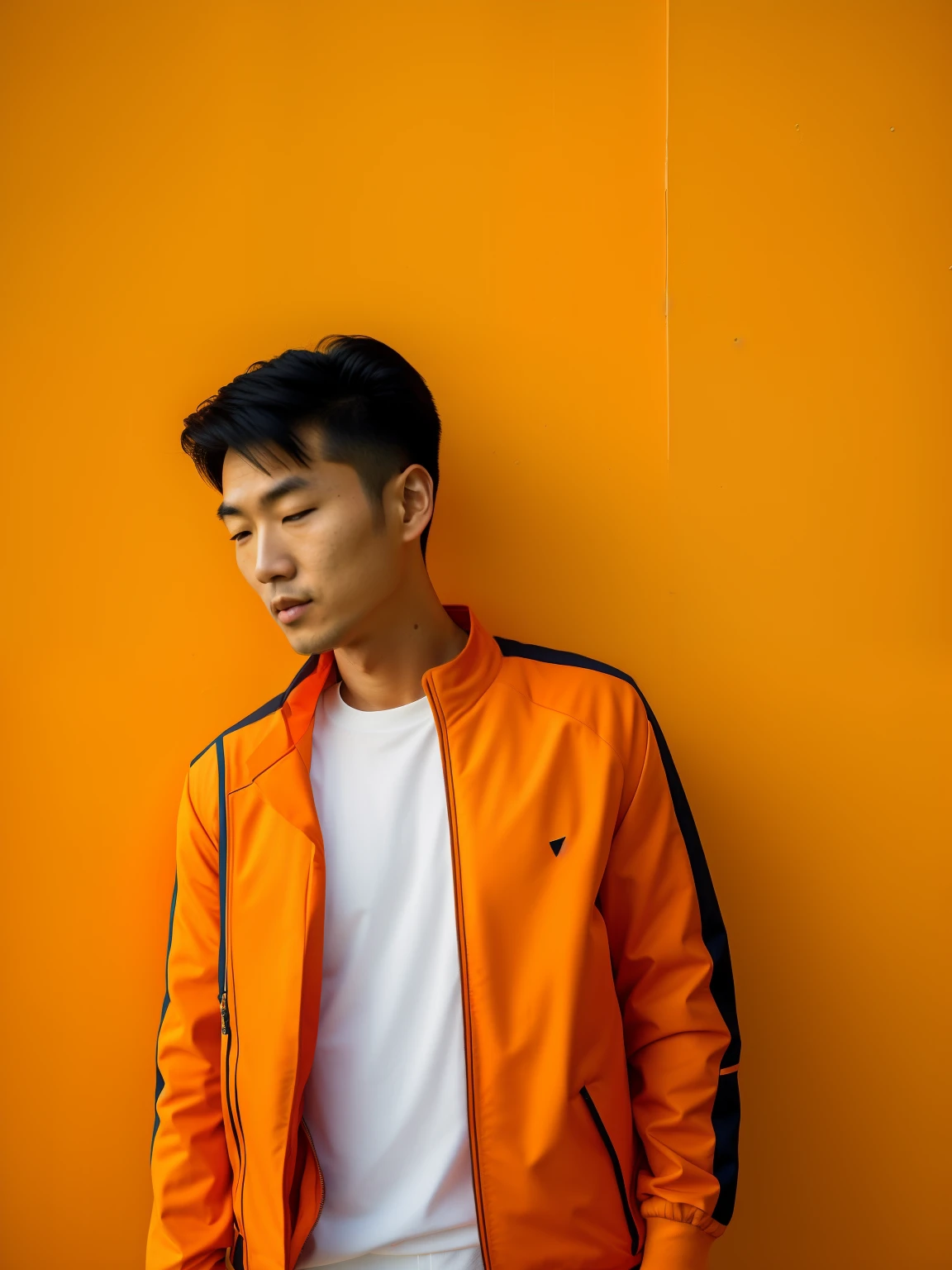 Asian man in an orange jacket leaning against a wall, orange jacket, profile shot, random artist, wearing jacket, with accurate face, profile picture 1024px, style of ade santora, potrait, riyahd cassiem, orange and black, ramil sunga, profile portrait, from 8 k matte, semi realism, photoshoot