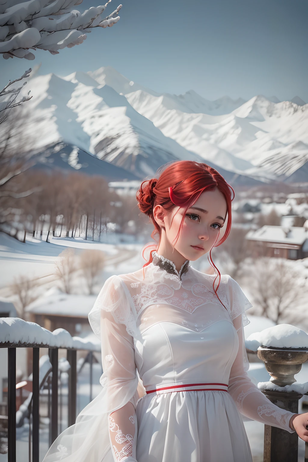 A girl wearing a white dress and red hairpins., closeup shot photo, Face the lens, lavebder garden, In the distance there are snowy mountains.