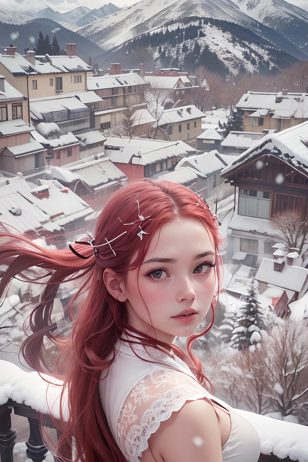 A girl wearing a white dress and red hairpins., closeup shot photo, Face the lens, lavebder garden, In the distance there are snowy mountains.