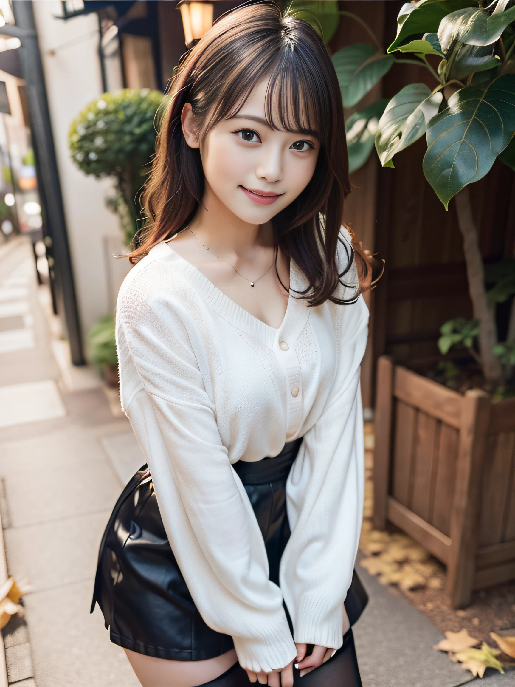 in 8K,Best Quality:1.4, 超A high resolution:1.5, (Photorealistic:1.4),masterpiece:1.2,(top-quality:1.4)、 Raw photo、Japan girls in casual clothes、looking at the viewers、Pose with a smile、Hi-Res、The ultra-detailliert、natural skin textures:1.3, realistic eyes and face details:1.7、Coffee 、nogizaka, cute face、30-years old:1.2、Textured skin:1.2, beautiful smiling face 、 (Shy smile:1.2)、Medium chest、beautiful finely detailed eyes、(Casual clothing:1.2)、FULL BODYSHOT、Black pantyhose、Colored leaves、Gravure Pose、a miniskirt:1.2、beauty legs、Beautiful black eyes、is standing、autumnal、thighs thighs thighs thighs