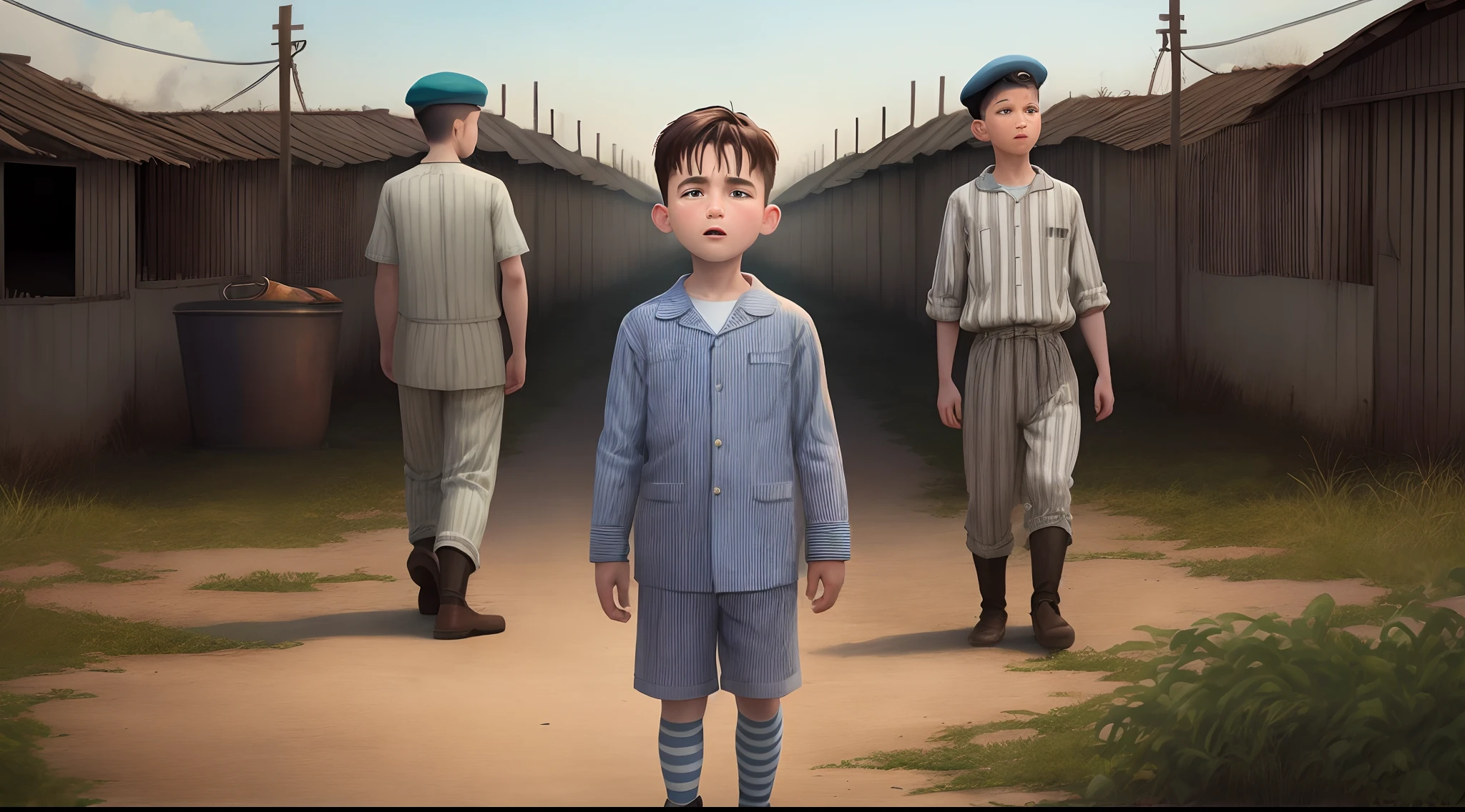 Disney movie cover style image of a boy vom striped pajamas in a forced labor camp, vigiado por homens armados