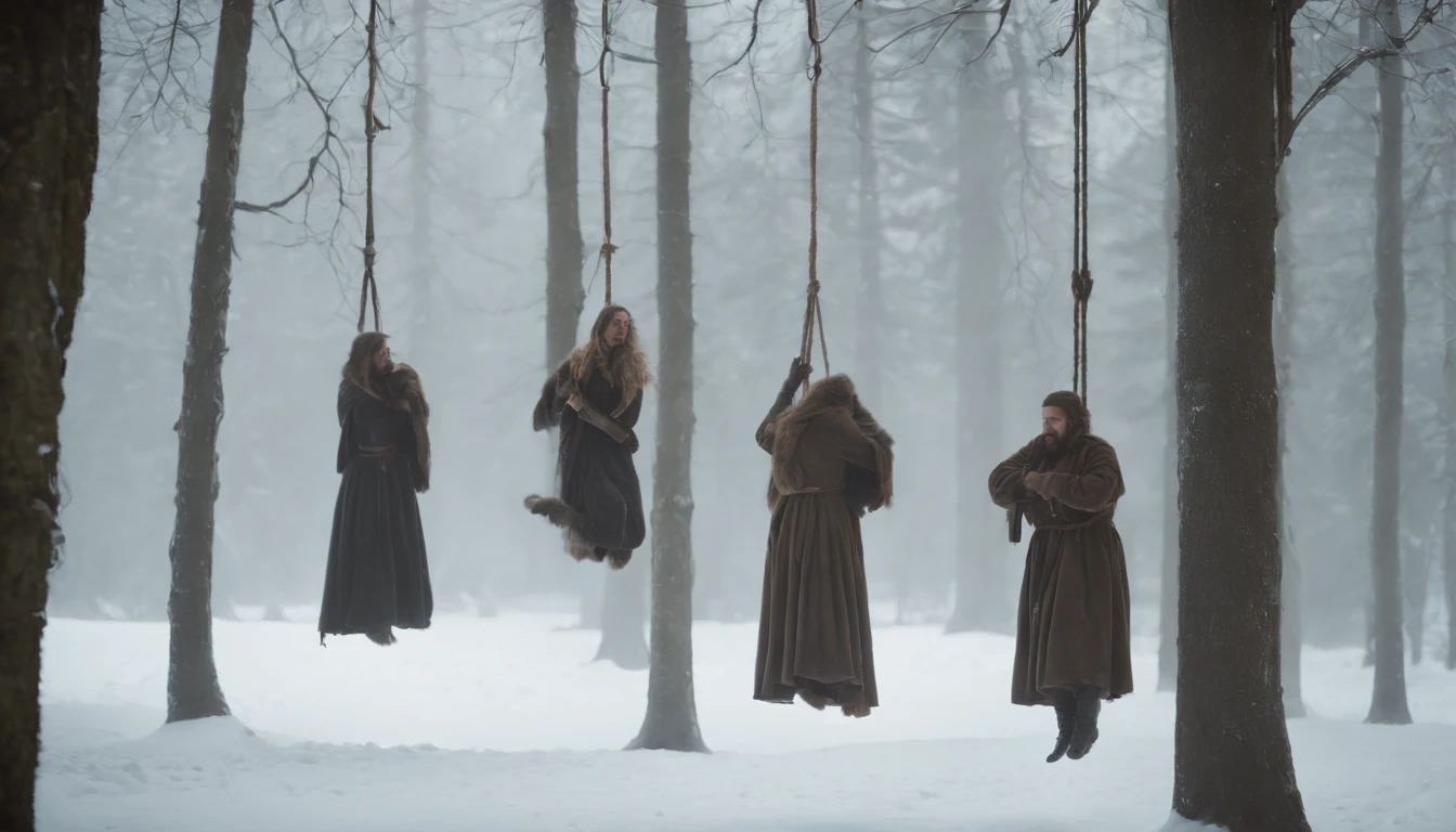 three medieval bodies hanging from trees by ropes in the snow, night, darkness, winter, eerie, mysterious, cinematic, cinematic scene from film, 8k, photorealistic, scary, morbid