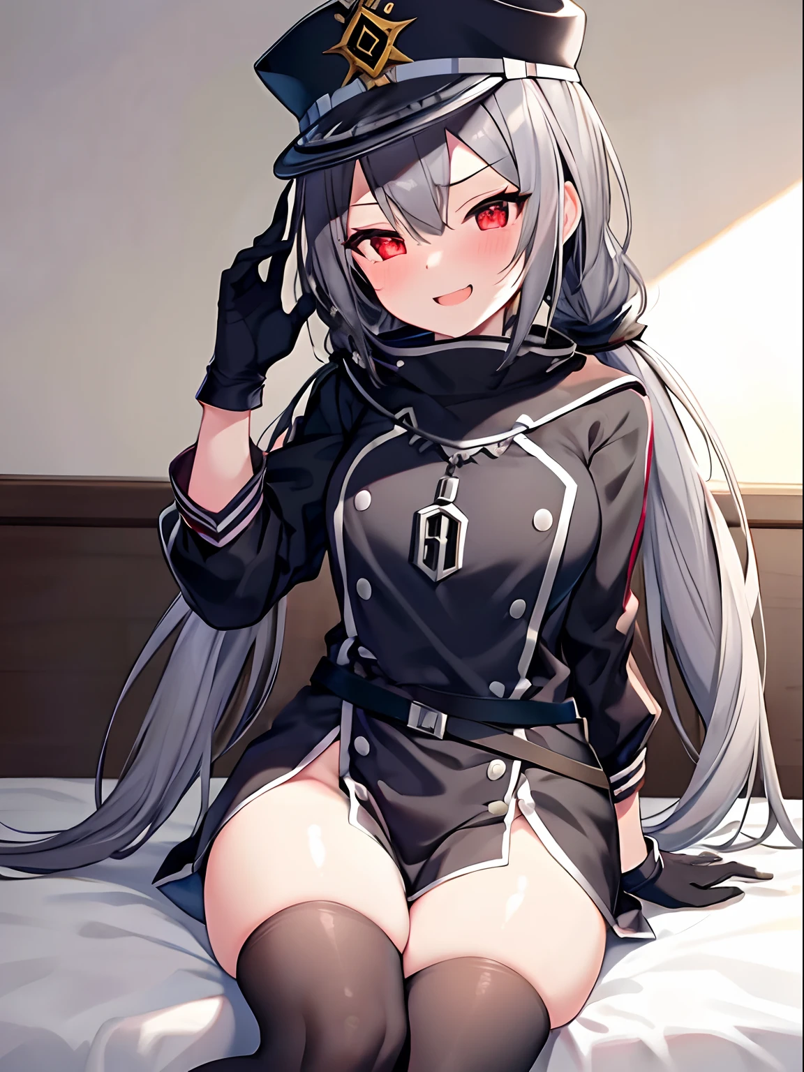 masterpiece, best quality, 1girl, roze, grey hair, red eyes, low twintails, long hair, black military uniform, peaked cap, gloves, smirk, sitting on bed, NSFW, blush, open mouth,