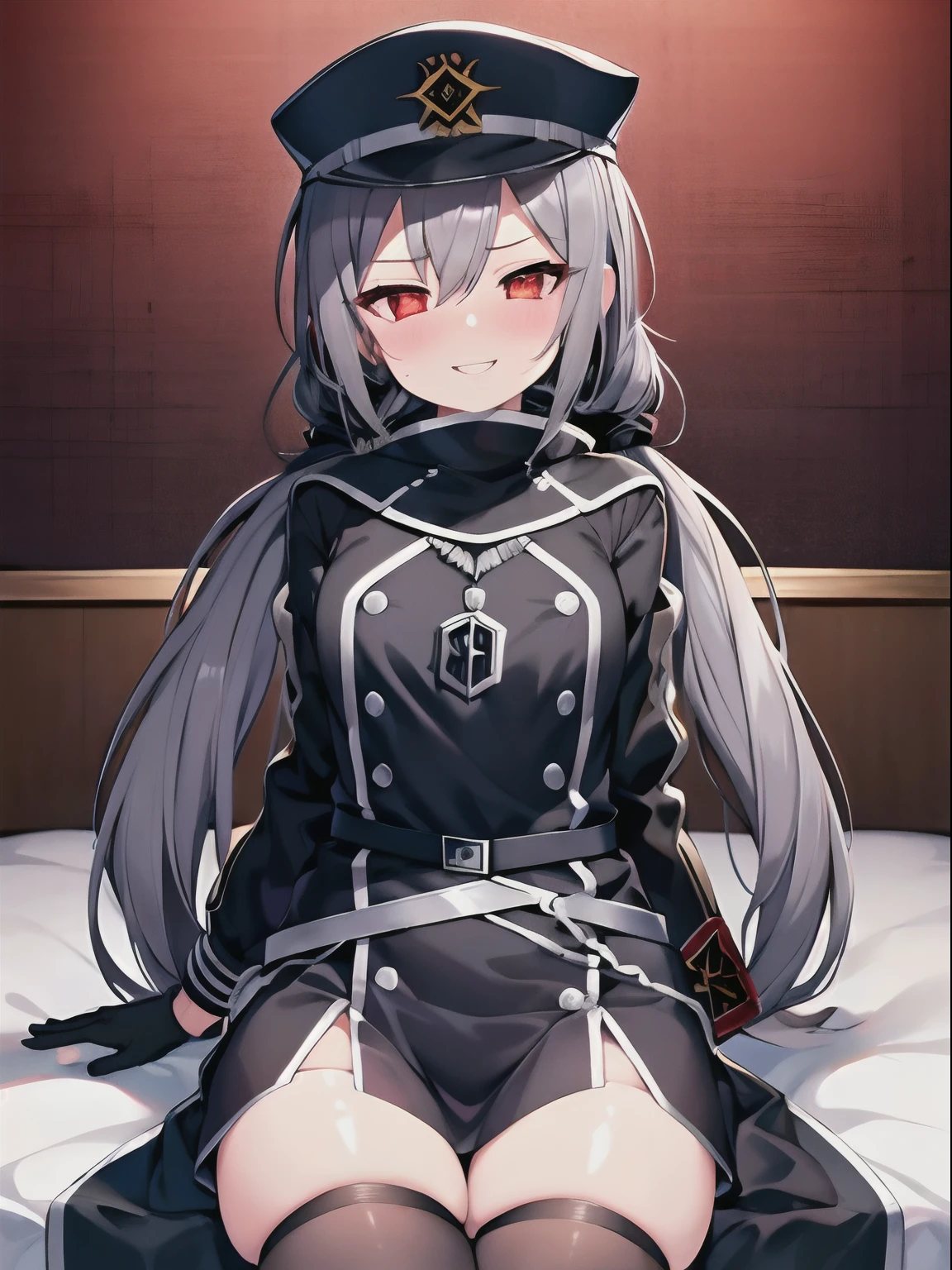 masterpiece, best quality, 1girl, roze, grey hair, red eyes, low twintails, long hair, black military uniform, peaked cap, gloves, smirk, sitting on bed, NSFW, blush, open mouth,