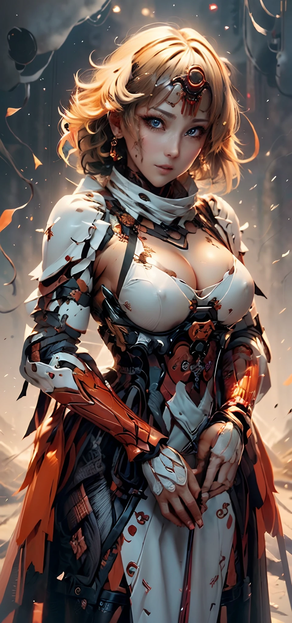 (( (tmasterpiece),(Very detailed CG Unity 8K wallpaper),best qualtiy,cinmatic lighting,细致背景,beatiful detailed eyes,Bright pupils,(Very fine and beautiful),(Beautiful and detailed eyes description),ultra - detailed,tmasterpiece,hight resolution)), Curly, Richly decorated armor, a beautiful woman warrior, (◯◯Hair-:1.3), cleavage of the breast