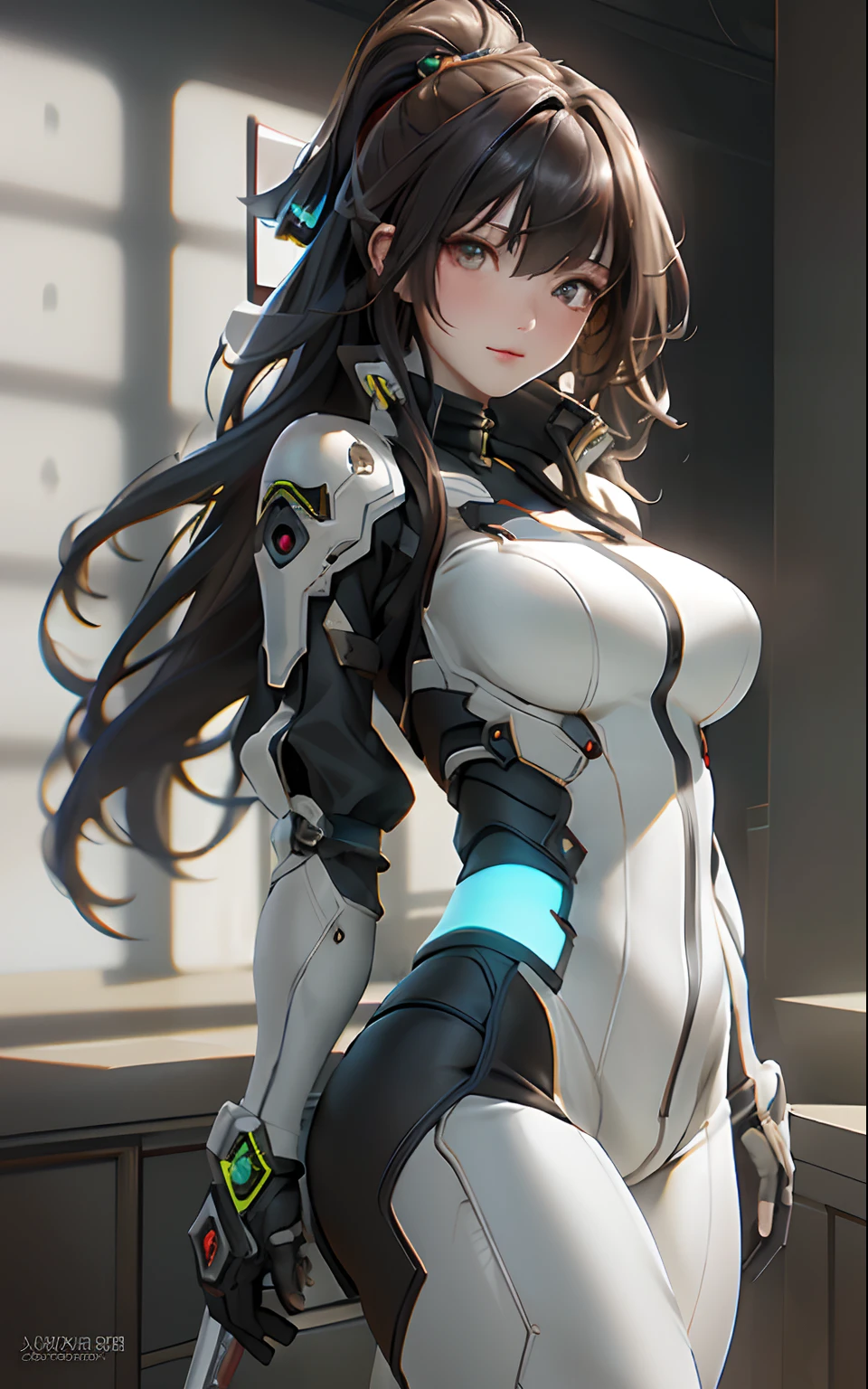 chizuru, big breasts, 1 beautiful girl、anime girl, White Cybersuit、smooth cyber suit, 8K, High resolution、sexy pose、big smile、Lying