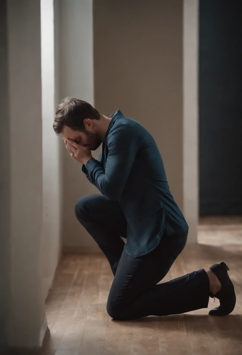 real human person, in profile, kneeling on the floor, with both hands covering the face, leaning forward, hyper realistic, 4k,