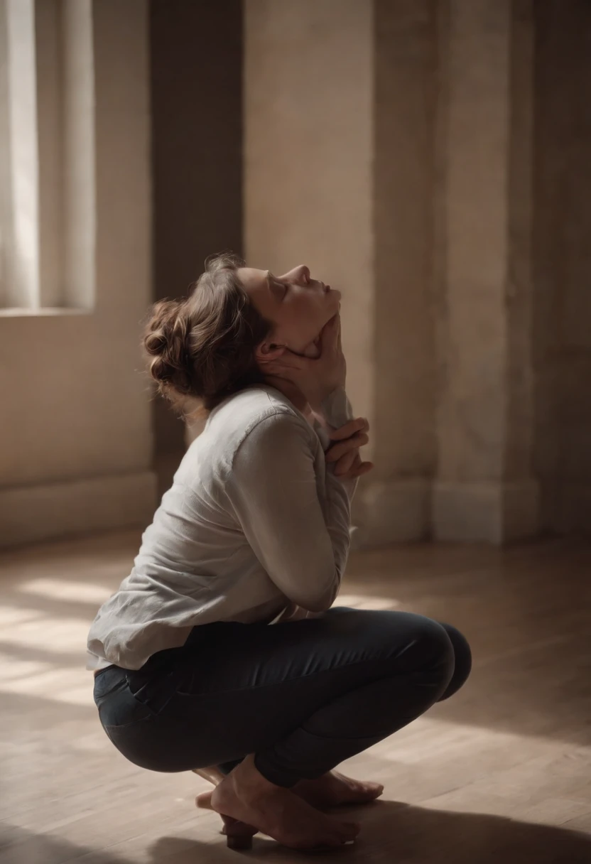 real human person, in profile, kneeling on the floor, with both hands covering the face, leaning forward, hyper realistic, 4k,
