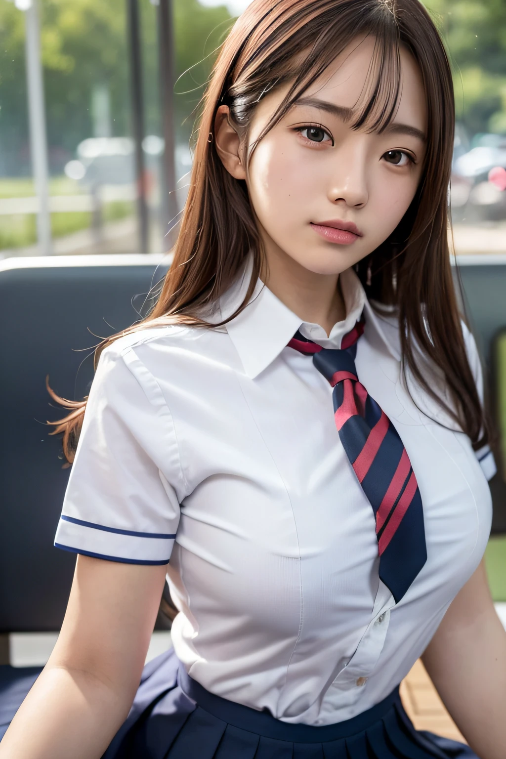 (masutepiece, Best Quality:1.2), 8K, , 85 mm, Official art, Raw photo, absurderes, White dress shirts, Pretty Face, close up, Upper body, violaceaess, gardeniass, The most beautiful girl in the world, School uniform, (Navy pleated skirt:1.1), Cinch West, thighs thighs thighs thighs, Short sleeve, on train, Sit on a bench seat, Looking at Viewer, No makeup, (Smile:0.4), Film grain, chromatic abberation, Sharp Focus, face lights, clear lighting, Teen, Detailed face, Bokeh background, (dark red necktie:1.1)full bodyesbian、