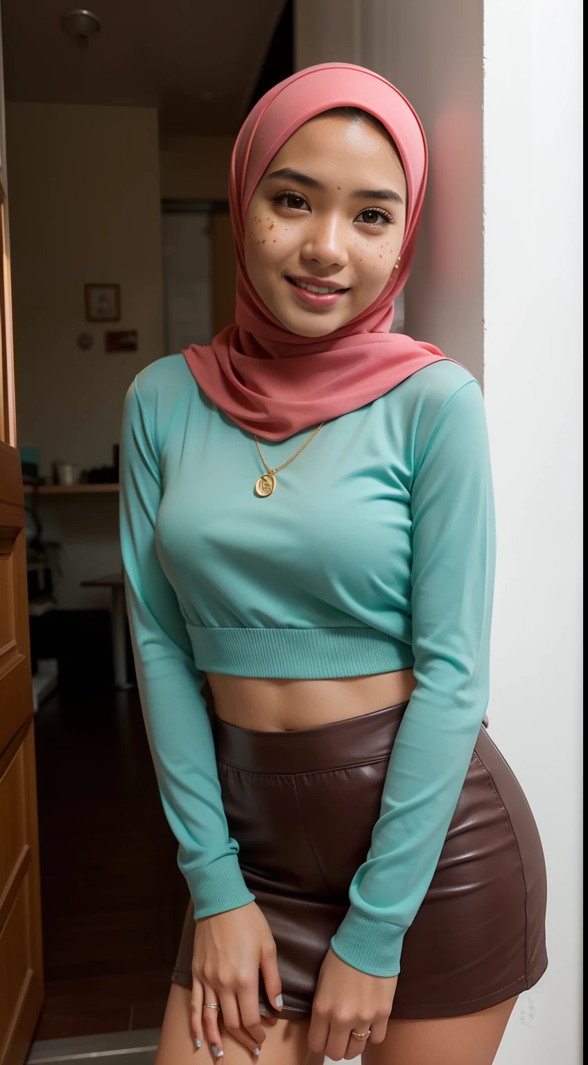 Malay girl  with hijab Seatting With Toes Pointed in hipster cafe, happy, smiling, nighttime, wearing turquoise small tight tops and pleated short skirt, pink sneakers,  professional lighting, blur background, cool ambient, bokeh, slim abs, small breast, small waist, small head, short petite body, wide hips, thick thighs, long leg, thick leg, sexy pose, bright lighting, mole below eyes, skin spots, acnes, skin blemishes, age spot, detail skin texture, skin detail, skin wrinkle detail, dark brown skin, gold necklace,
