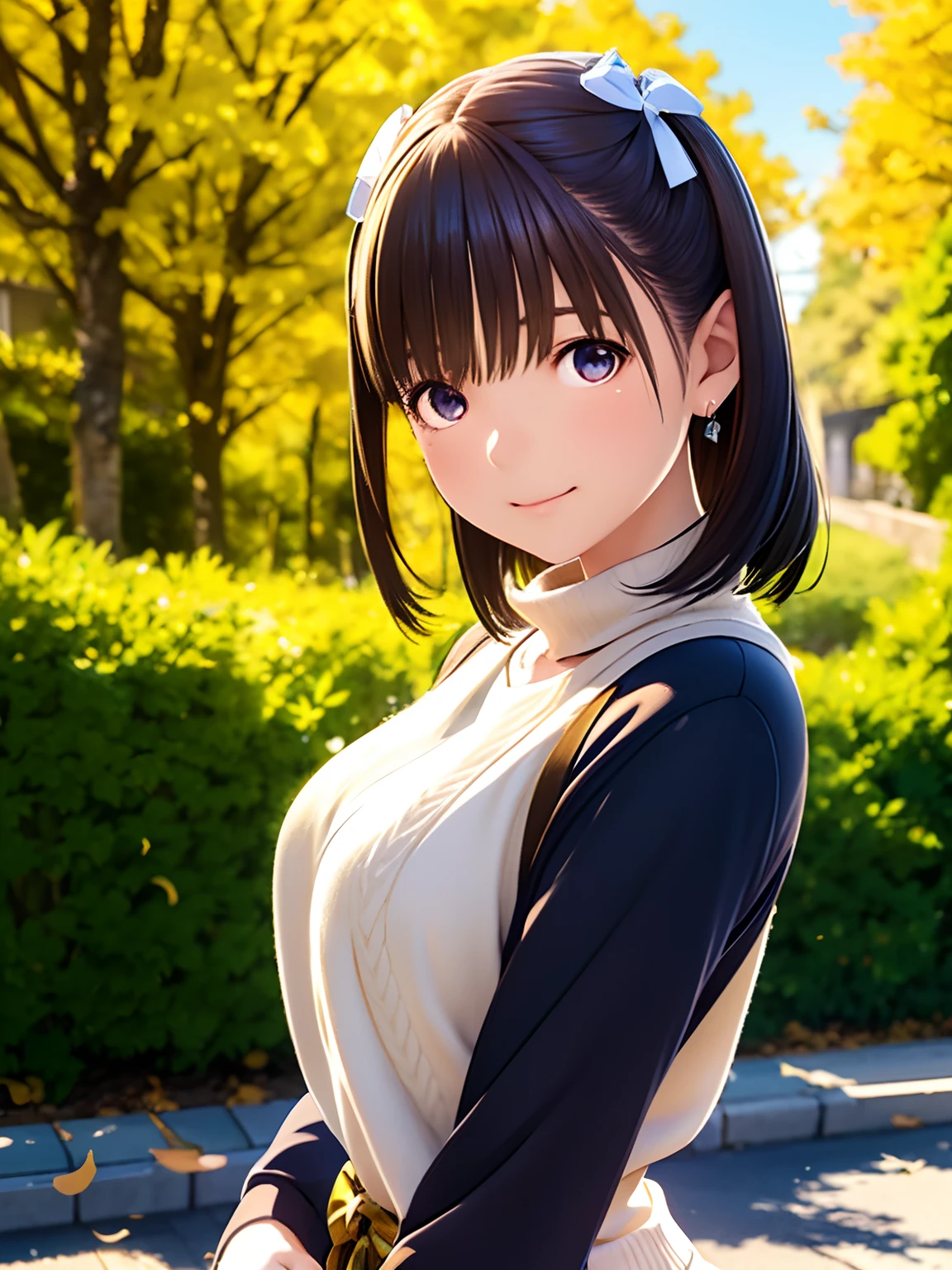 hight resolution,8K,Best Quality,detaileds,semi - realistic anime,Anime 3D Style,Smooth Anime CG,1 girl in,20 year old woman in Japan,slim,modeled,shiny chestnut hair,Medium Hair,Detailed face,Beautiful and detailed eyes,Glowing skin,(Sweaters),earring beautiful,autumnal,tag,Colored leaves,Ginkgo tree,dead wood,(Golden leaves flutter),with light glowing, plein air, Beautiful details sky, (dynamicposes:0.8),Hard Focus、film grains,Soft lighting,the wind,looking at the viewers,A smile,Angle from the side