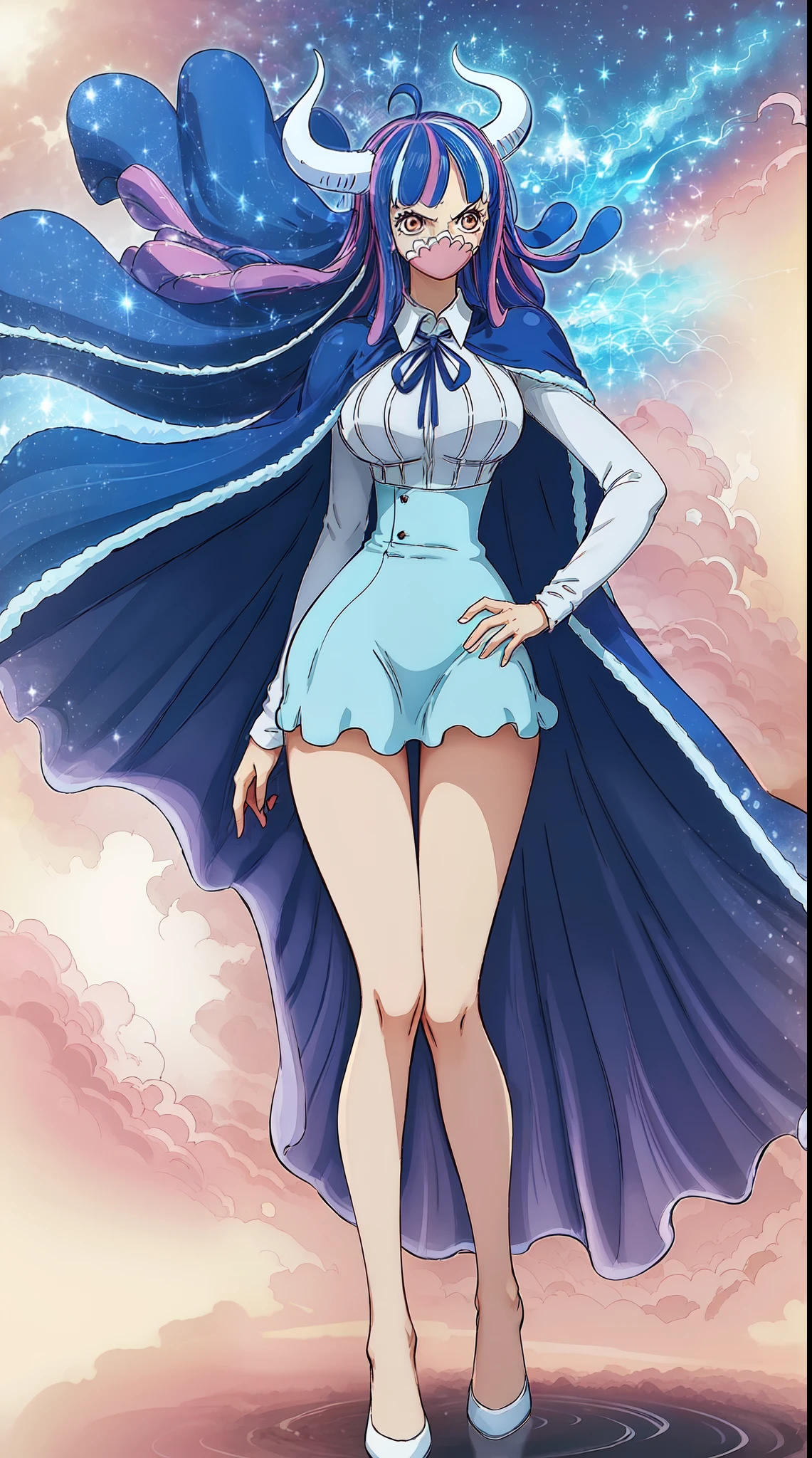 Ulti from one piece, blue hair, red eyes, pink mask, horns, Ulti takes to wearing a long-sleeved minidress that is white and pleated above the waist, with a blue bow below a point collar. The dress's lower, light-blue, and non-pleated section, with a button placket in the middle, ends in a short skirt part that has a slightly ruffled hem, leaving most of Ulti's legs visible. Fastened on her shoulders is a darker-blue cape, red heels, booty, side view, close up,