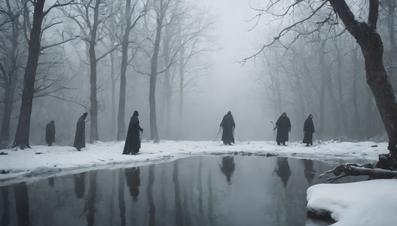 (best quality, 8k, photorealistic), three medieval bodies hanging from trees by ropes, snow-covered landscape, dark and chilling atmosphere, eerie and mysterious, cinematic scene from a film, winter night, morbid and scary ambiance, chilling wind, lost in the darkness, haunting and macabre image, frozen breath in the air, eerie silence, moonlight casting shadows, bone-chilling suspense, solemn and ominous, cold and desolate, a scene that sends shivers down the spine.