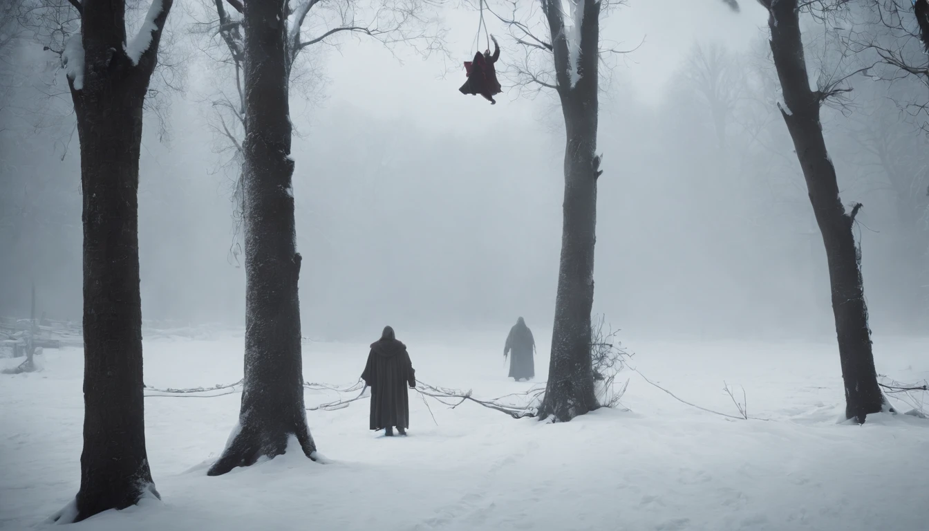(best quality, 8k, photorealistic), three medieval bodies hanging from trees by ropes, snow-covered landscape, dark and chilling atmosphere, eerie and mysterious, cinematic scene from a film, winter night, morbid and scary ambiance, chilling wind, lost in the darkness, haunting and macabre image, frozen breath in the air, eerie silence, moonlight casting shadows, bone-chilling suspense, solemn and ominous, cold and desolate, a scene that sends shivers down the spine.