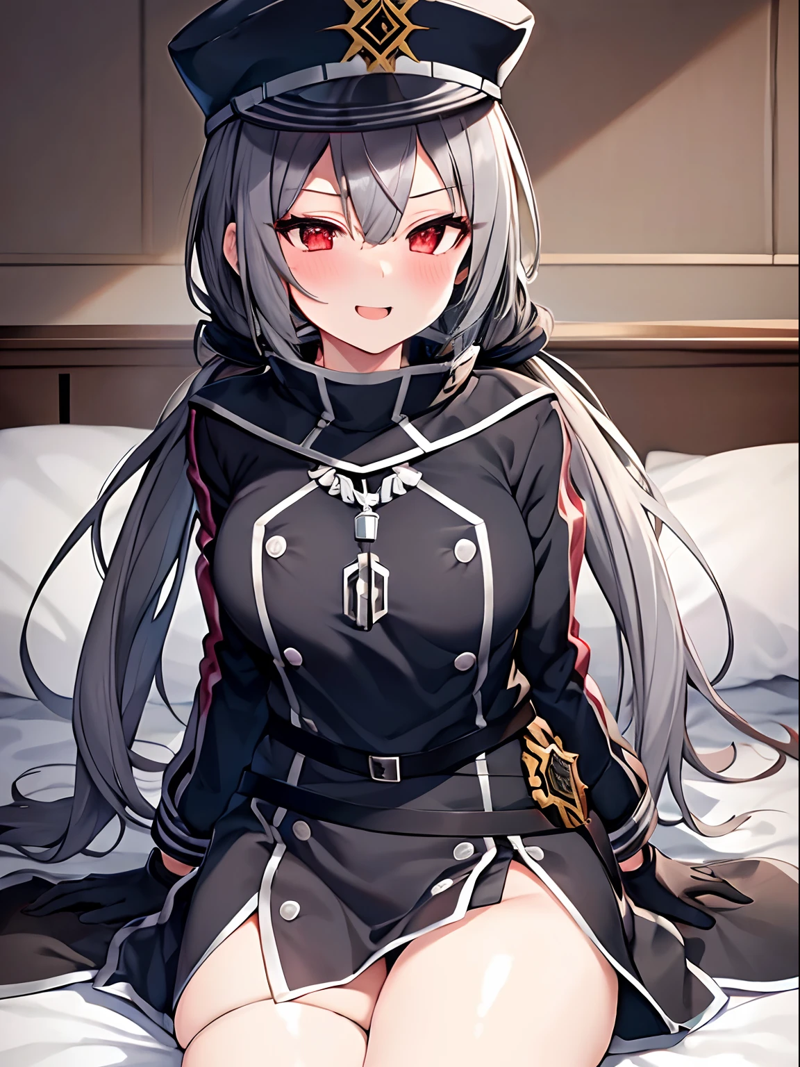 masterpiece, best quality, 1girl, roze, grey hair, red eyes, low twintails, long hair, black military uniform, peaked cap, gloves, smirk, sitting on bed, NSFW, blush, open mouth,