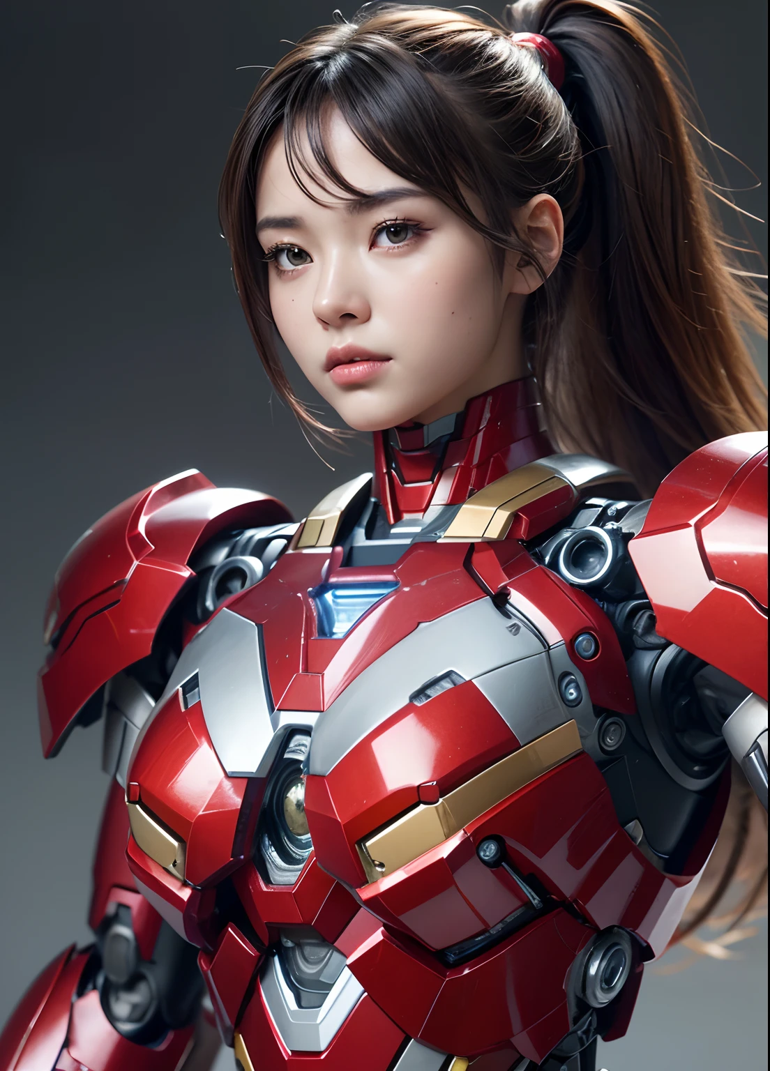Textured skin, Super Detail, high details, High quality, Best Quality, hight resolution, 1080p, hard disk, Beautiful,(Iron Girl),beautiful cyborg woman,Mecha Cyborg Girl,Battle Mode,Girl with a Mecha Body,She wears an Iron Man mech,Fulll body Shot