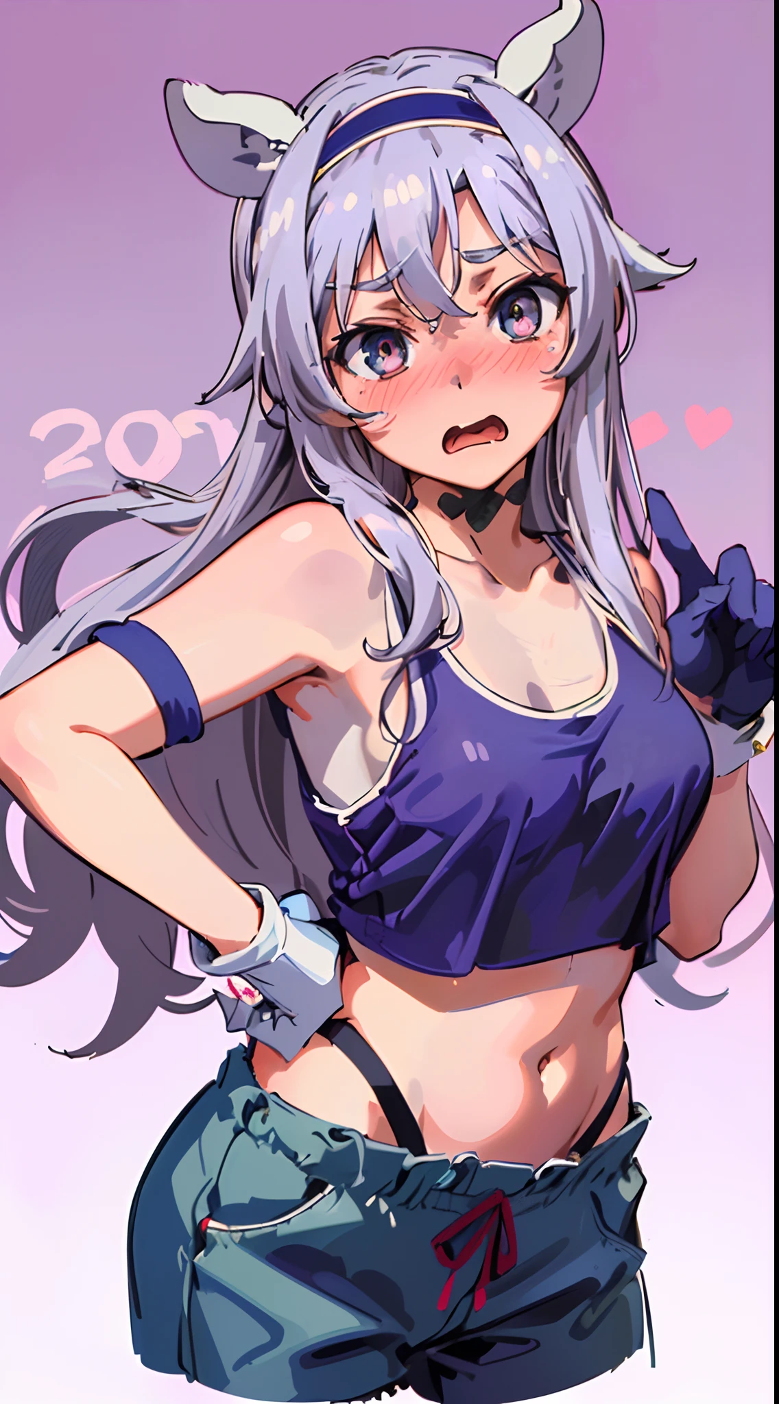 best quality, (masterpiece:1.2), detailed,
Sistine Fibel,
1girl, solo, open mouth, wavy mouth, nose blush, embarrassed, medium breasts,
long hair, grey hair, green eyes, blue hairband, animal ears, navel, gloves, (((cropped tank top, 20 years old))), (((ultra-detailed eyes))), ((cowboy shot)).