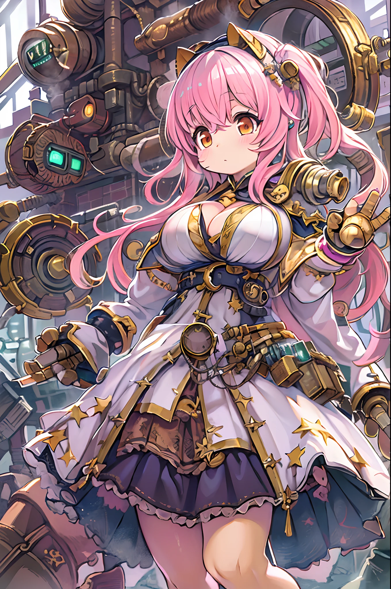 Anime girl posing for camera with pink hair and steampunky dress, Seductive Anime Girl, biomechanical oppai, small curvy loli, Big breasts!, from the azur lane videogame, marin kitagawa fanart, beautiful alluring anime woman, steampunk beautiful anime woman, fluffy chest, with a big chest, splash art anime loli, Big breasts!!,(Ultramammy:1.5)