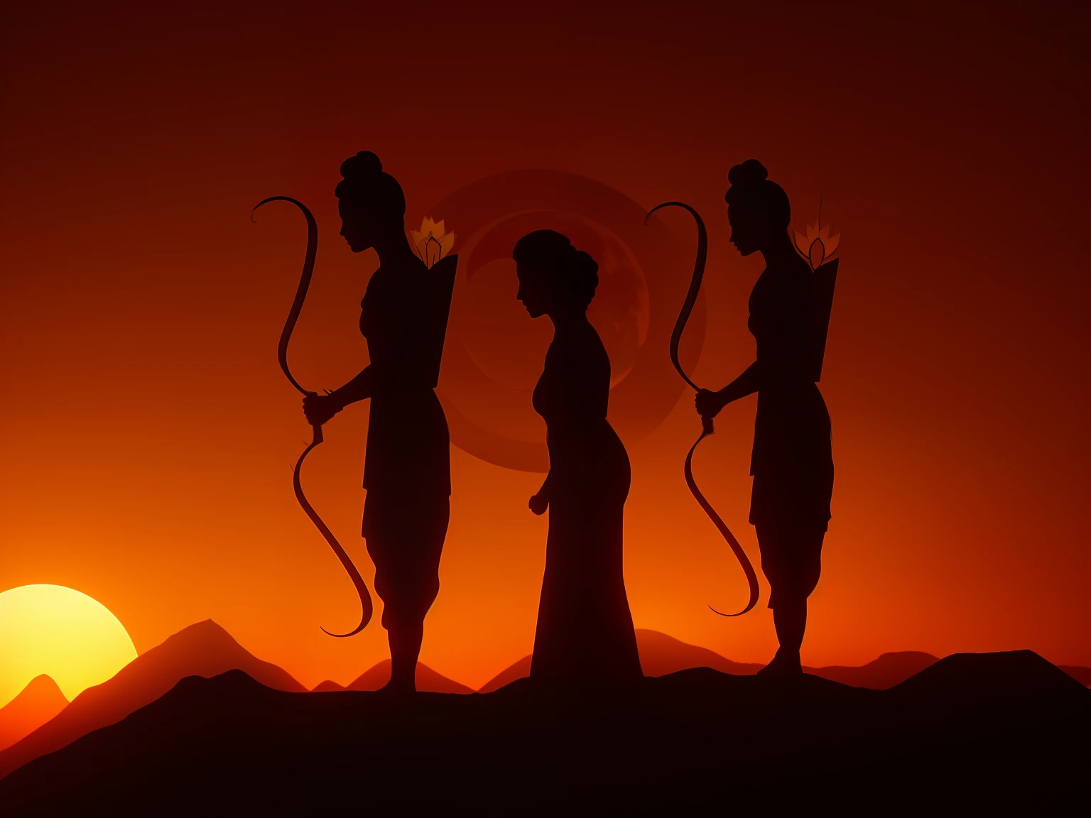three silhouettes of three women with bows and arrows in front of a sunset, from ramayan, also known as artemis or selene, also known as artemis the selene, godess, hecate, myth, in a scenic background, goddess of the hunt and the moon, hecate goddess, mythological, greek mythology characters, by Max Dauthendey