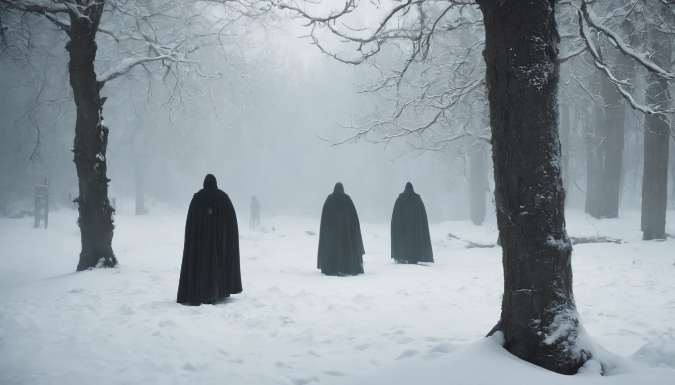(best quality, 8k, photorealistic), three medieval bodies hanging from trees by ropes, snow-covered landscape, dark and chilling atmosphere, eerie and mysterious, cinematic scene from a film, winter night, morbid and scary ambiance, chilling wind, lost in the darkness, haunting and macabre image, frozen breath in the air, eerie silence, moonlight casting shadows, bone-chilling suspense, solemn and ominous, cold and desolate, a scene that sends shivers down the spine.
