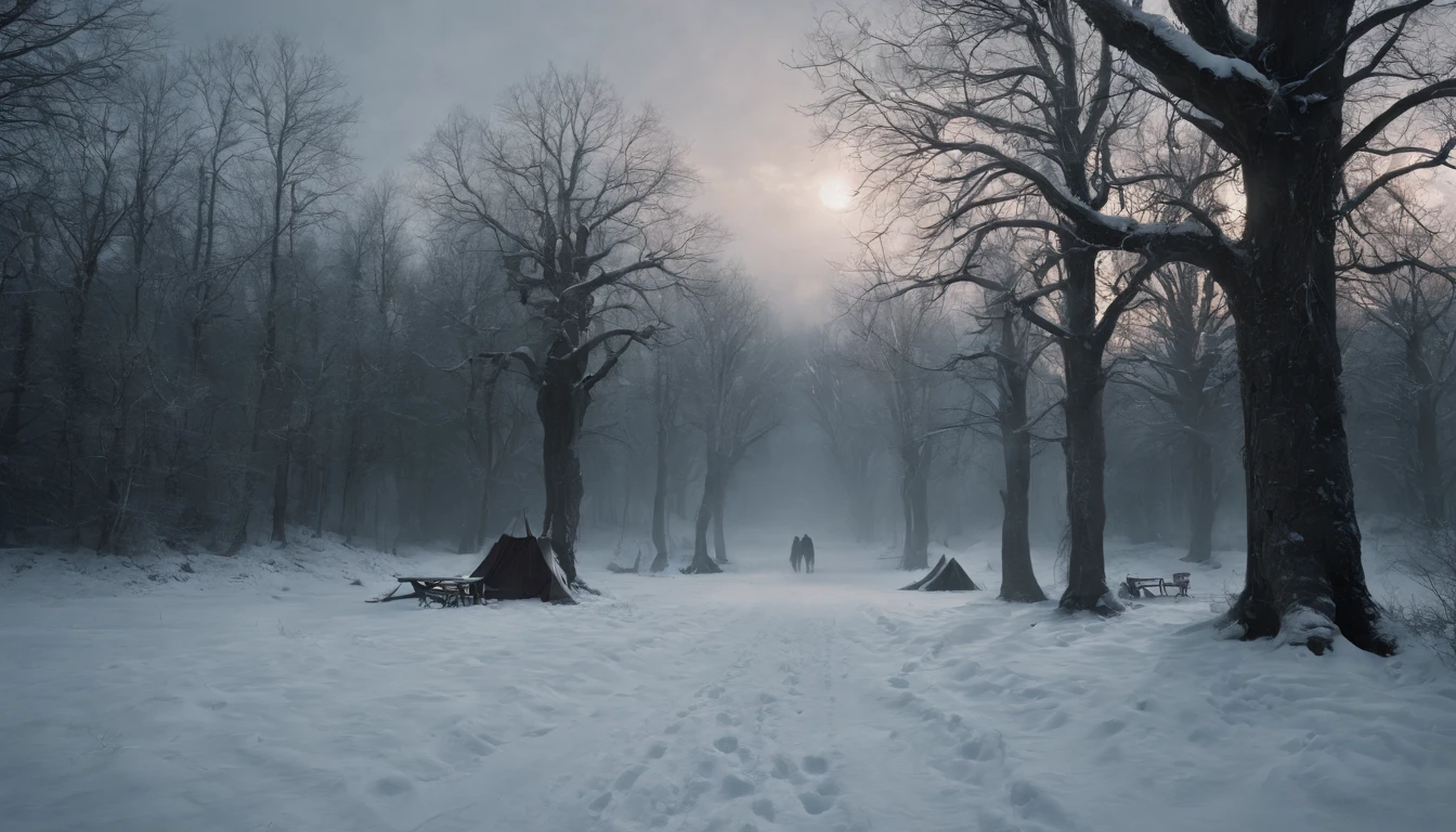 (best quality, 8k, photorealistic), three medieval bodies hanging from trees by ropes, snow-covered landscape, dark and chilling atmosphere, eerie and mysterious, cinematic scene from a film, winter night, morbid and scary ambiance, chilling wind, lost in the darkness, haunting and macabre image, frozen breath in the air, eerie silence, moonlight casting shadows, bone-chilling suspense, solemn and ominous, cold and desolate, a scene that sends shivers down the spine.