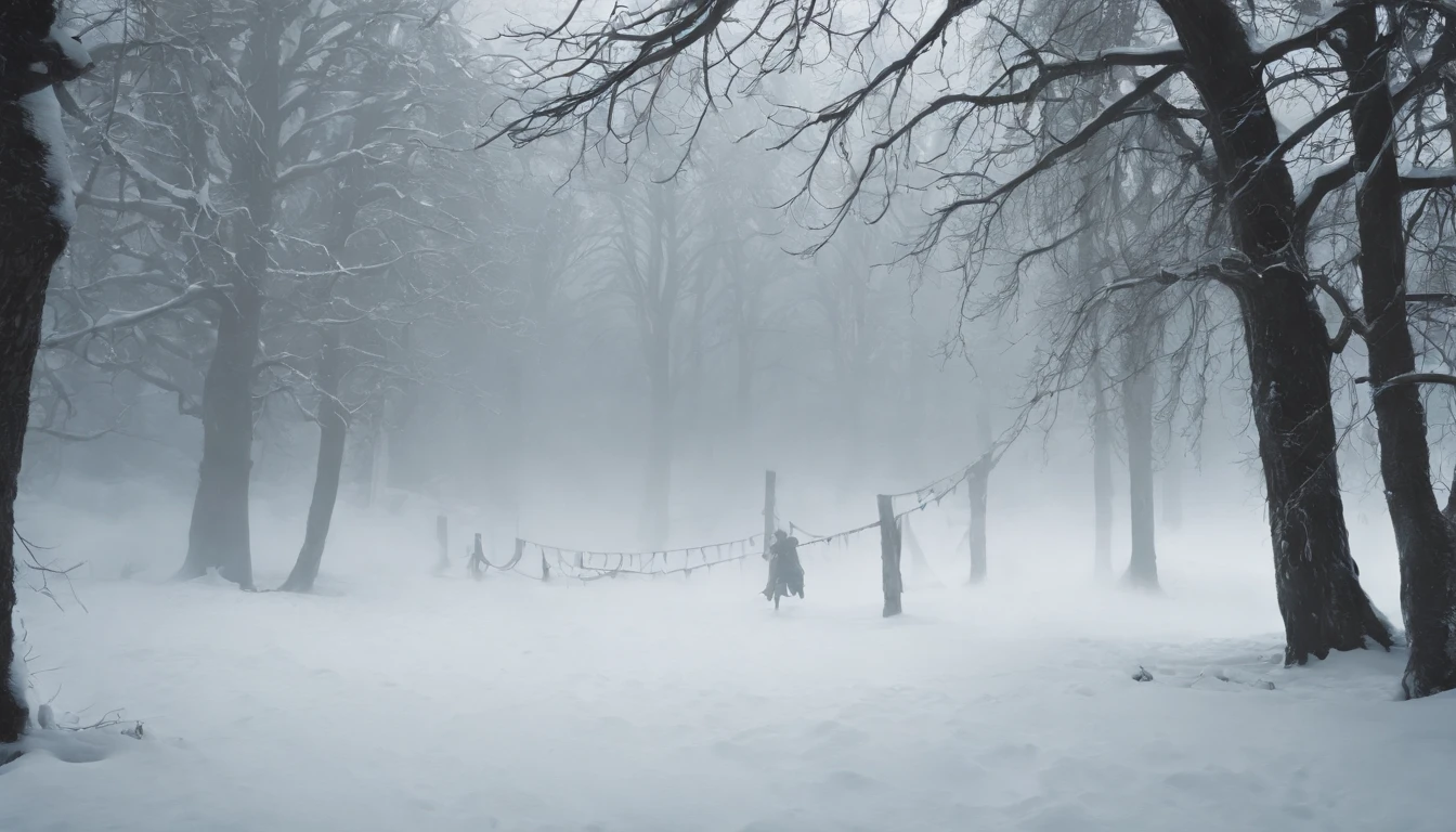 (best quality, 8k, photorealistic), three medieval bodies hanging from trees by ropes, snow-covered landscape, dark and chilling atmosphere, eerie and mysterious, cinematic scene from a film, winter night, morbid and scary ambiance, chilling wind, lost in the darkness, haunting and macabre image, frozen breath in the air, eerie silence, moonlight casting shadows, bone-chilling suspense, solemn and ominous, cold and desolate, a scene that sends shivers down the spine.