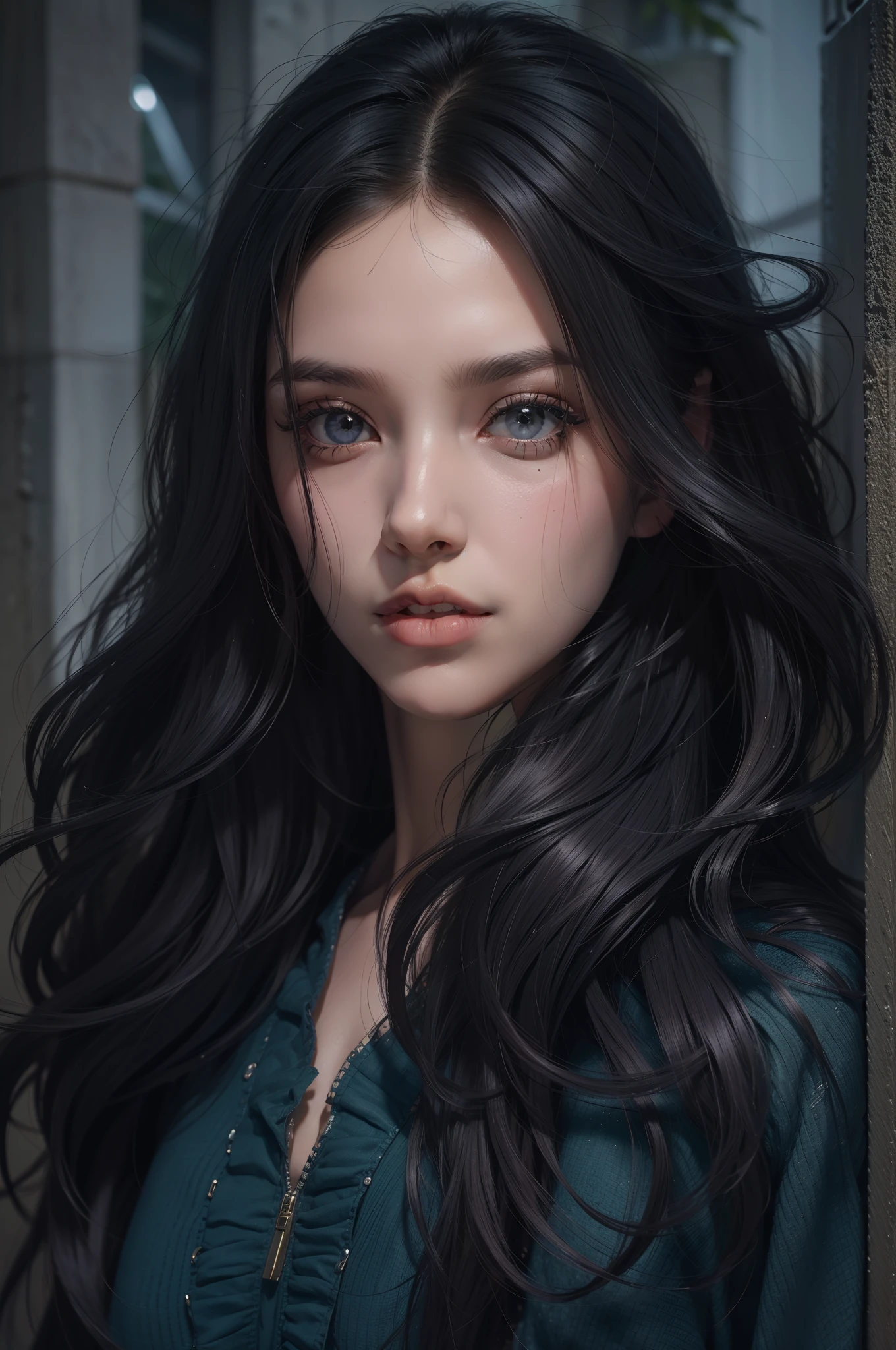 obra prima, a melhor qualidade, Ultra Detalhado, Mulher bonita com longos cabelos pretos e olhos violetas brilhantes como contings, Ao fundo, There is a cemetery at night, rosto forte, dated lips, cabelos pretos, Ela possui longos cabelos preto que caem suavemente sobre seu vestido. The upper part of his body is sculpted to perfection. "