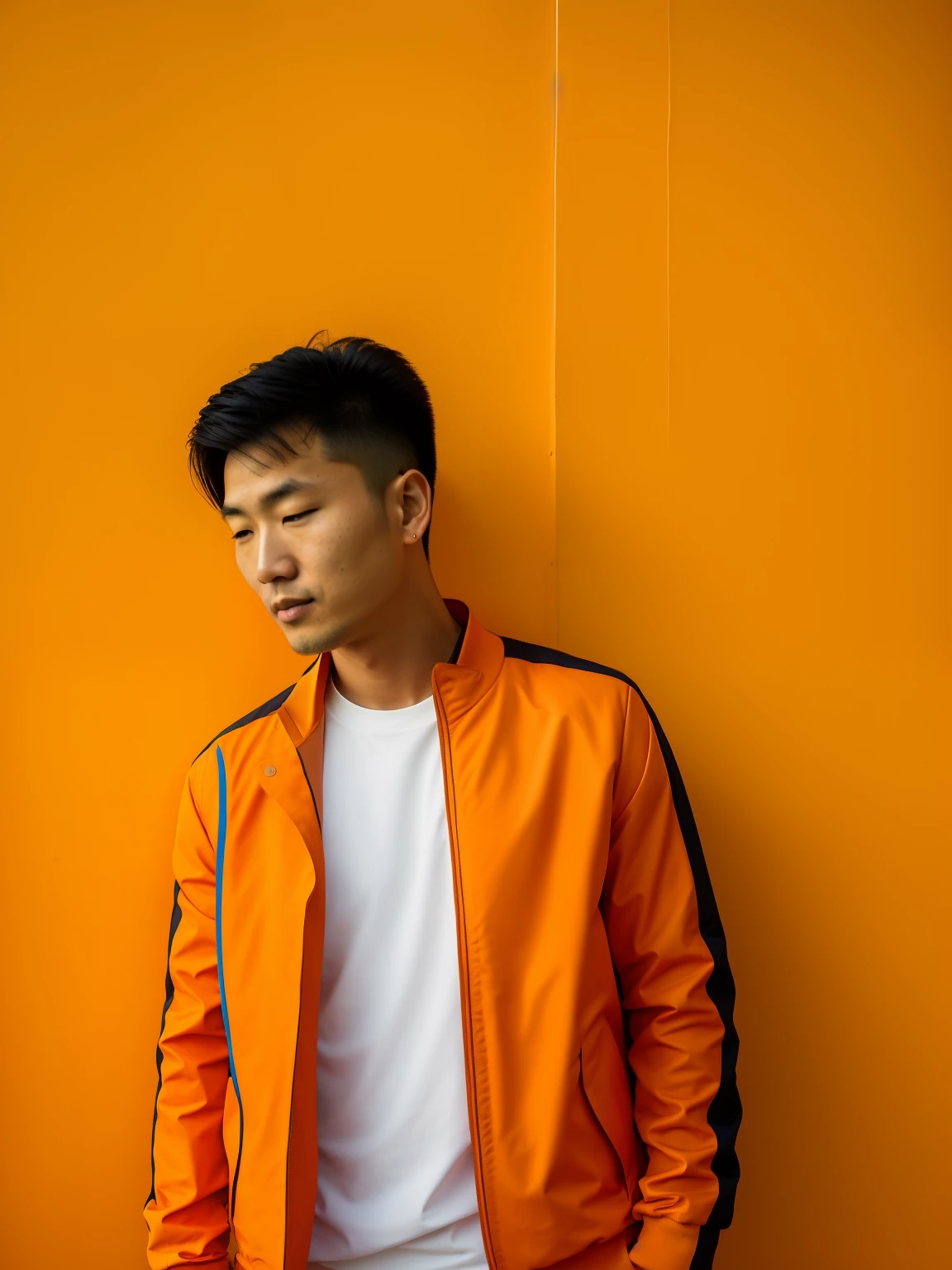 Asian man in an orange jacket leaning against a wall, orange jacket, profile shot, random artist, wearing jacket, with accurate face, profile picture 1024px, style of ade santora, potrait, riyahd cassiem, orange and black, ramil sunga, profile portrait, from 8 k matte, realism, photoshoot