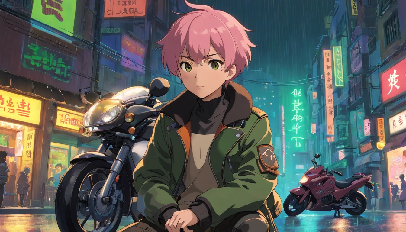 1 guy, Brown skin, Short pink hair, Brown eyes, wearing a brown coat, wearing black_Green leather jacket, Black leather pants, sitting on a cyberpunk motorcycle, At night, Black leather boots, the city street, The ground was wet with rain, fall, during night, Neon login background, Beautiful, absurderes, A high resolution, ultrasharp, 8K, Masterpiece, view the viewer.