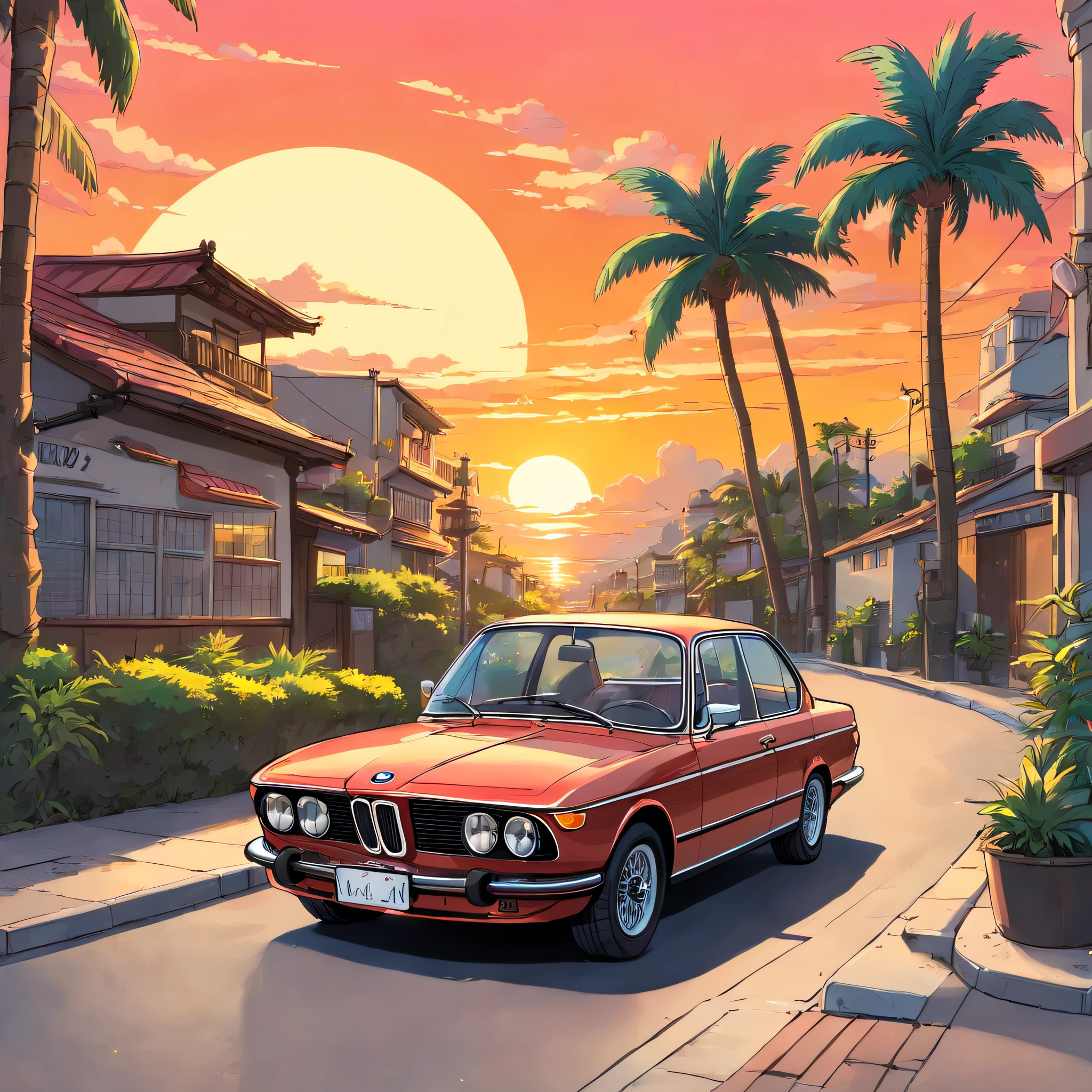 ((Sticker design)), Classic BMW car, Sunset background, Palm trees, 5 colors of layers, Corner Street, Beleq drum, Presean, car in black color