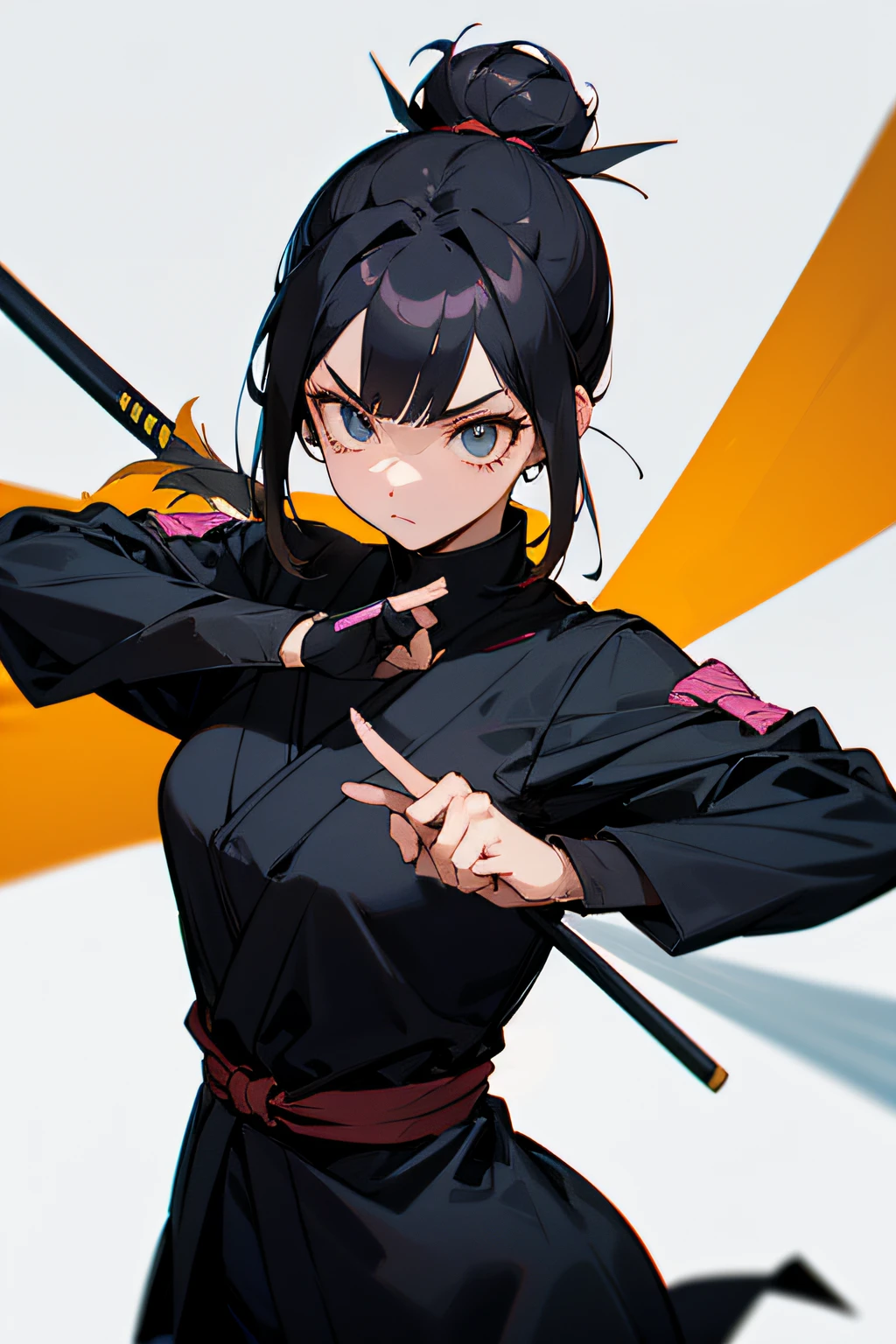 Hana is an agile and stealthy kunoichi, with a medium height and black hair that she keeps tied in a high bun. Her eyes are sharp and observant.
Veste um traje ninja negro que lhe permite se mover silenciosamente nas sombras. Carries various ninja tools, como shurikens e kunais, em seu cinto.
Hana has a determined expression and a confident posture, refletindo sua habilidade e coragem como ninja.