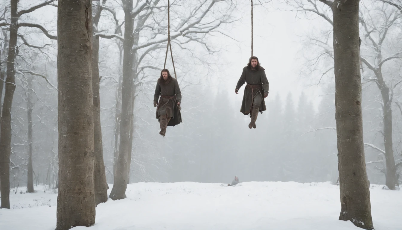 (best quality, 8k, photorealistic), three medieval bodies hanging from trees by ropes, snow-covered landscape, dark and chilling atmosphere, eerie and mysterious, cinematic scene from a film, a scene that sends shivers down the spine.