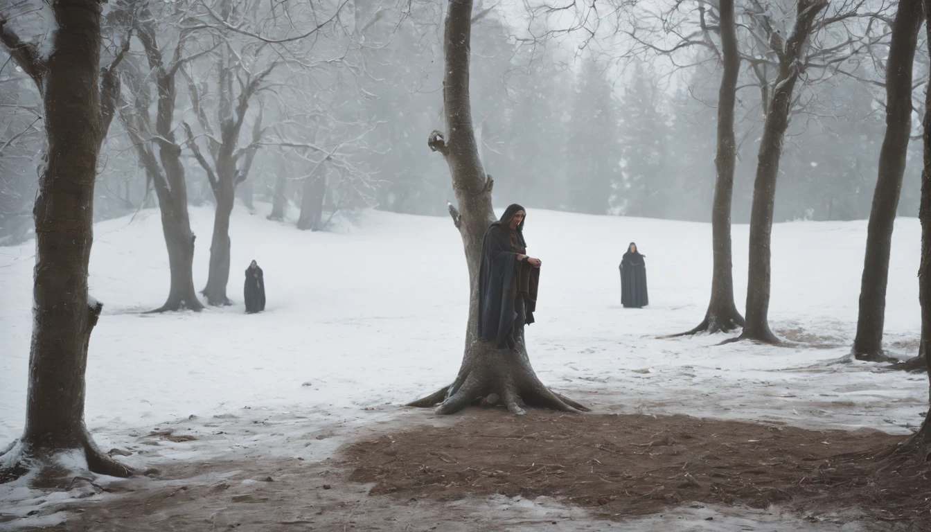(best quality, 8k, photorealistic), three medieval bodies hanging from trees by ropes, snow-covered landscape, dark and chilling atmosphere, eerie and mysterious, cinematic scene from a film, a scene that sends shivers down the spine.