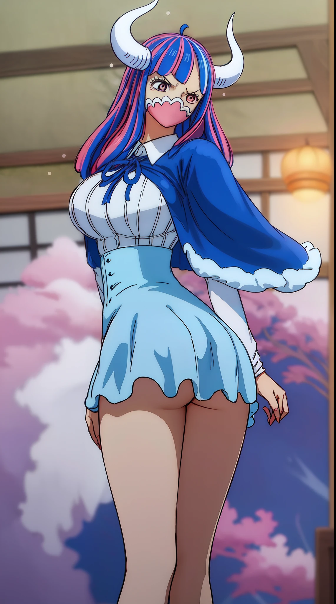 Ulti from one piece, blue hair, red eyes, pink mask, horns, Ulti takes to wearing a long-sleeved minidress that is white and pleated above the waist, with a blue bow below a point collar. The dress's lower, light-blue, and non-pleated section, with a button placket in the middle, ends in a short skirt part that has a slightly ruffled hem, leaving most of Ulti's legs visible. Fastened on her shoulders is a darker-blue cape, red heels, booty, side view, close up,