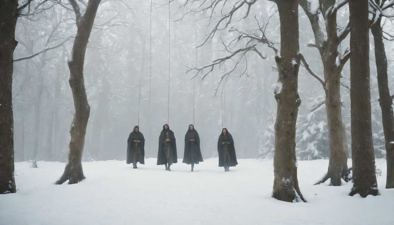 three medieval bodies hanging from trees by ropes in the snow, night, darkness, winter, eerie, mysterious, cinematic, cinematic scene from film, 8k, photorealistic