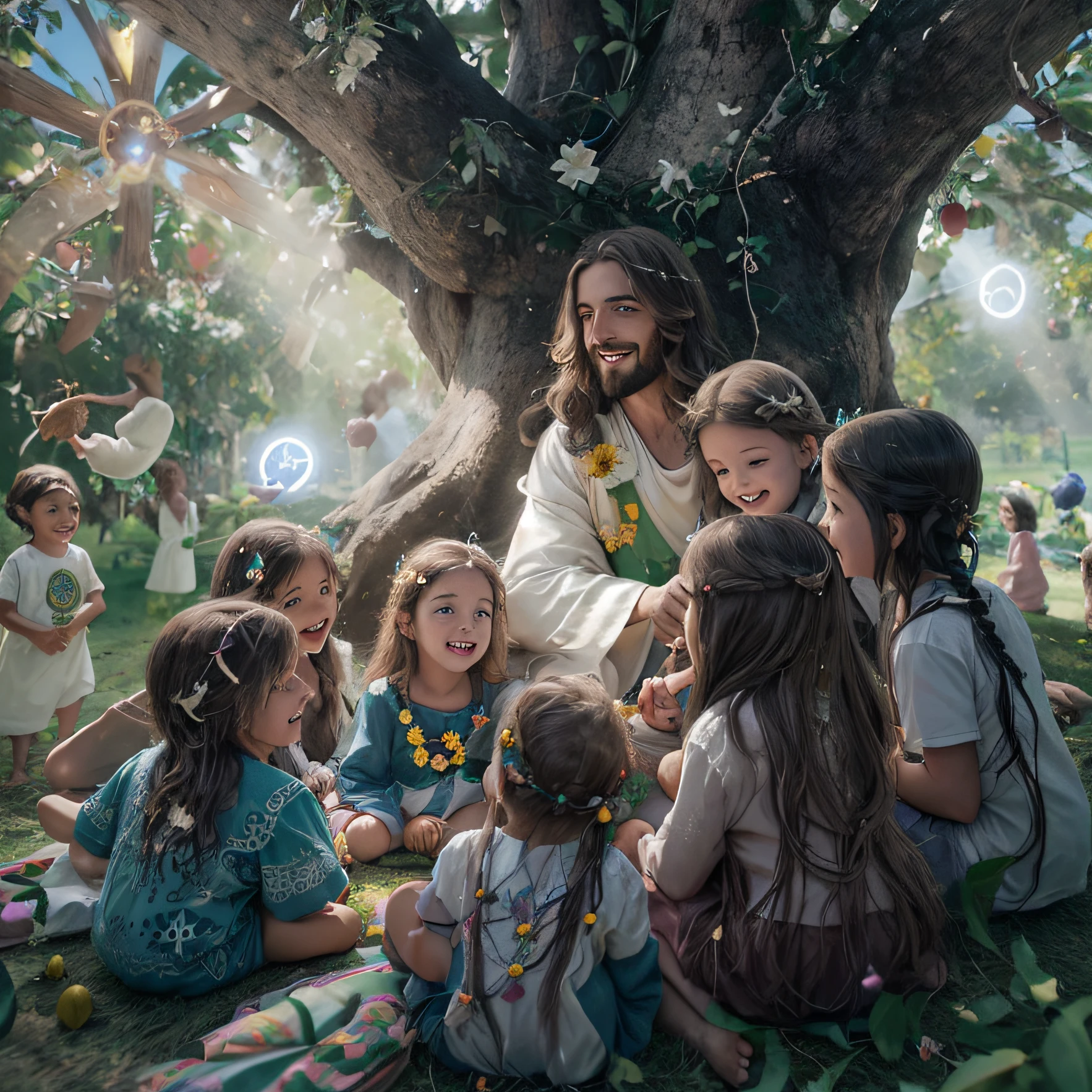 Jesus, LINDO COM OLHOS AZUIS E CABELOS AMENDOADOS NO BRILHO DO SOL, iluminado, TEACHING CHILDREN ABOUT GOD'S KINGDOM. todos felizes, AMBIENTE DE PURA MAGIA E AMOR, ALL IS HAPPINESS, flor, Frutas, PEQUENOS ANIMAIS E BORBOLETAS. Motor irreal, 8k, Moagem