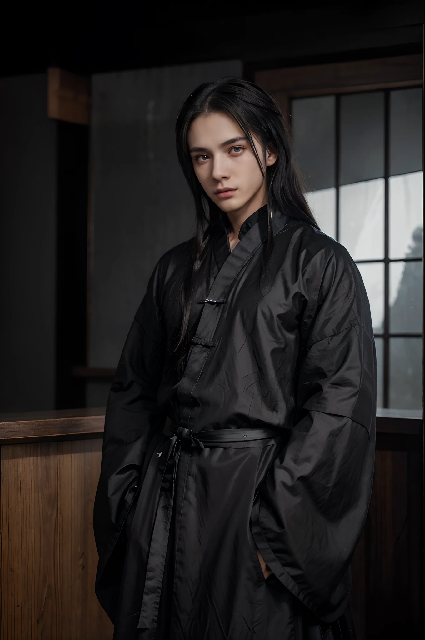 a 22 years-old cool male, (male), (wearing black hanfu), ((noctambulant clothes)), calm and cold atmosphere, (bright eyes), (cold eyes), gradient eyes, anime, reflection light, ray tracing, depth of field, (cowboy shot), cinematic lighting, masterpiece, best quality, high details, highres, HD, 1080P