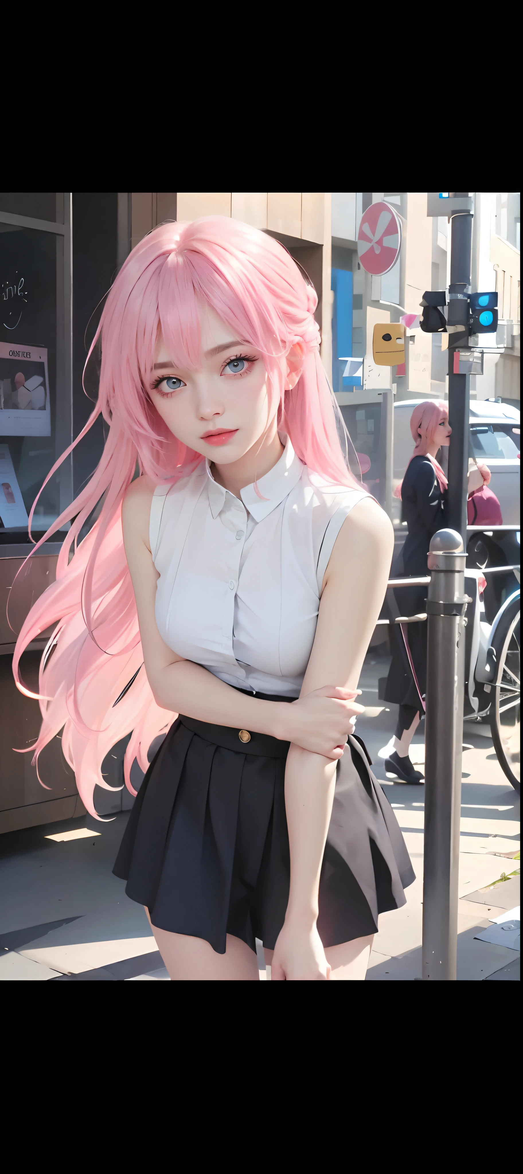 (masterpiece:1.2, best quality), (finely detailed beautiful eyes: 1.2), (extremely detailed CG unity 8k wallpaper, masterpiece, best quality, ultra-detailed, best shadow), (detailed background), (beautiful detailed face, beautiful detailed eyes), High contrast, (best illumination, an extremely delicate and beautiful),  1girl, , sitting in the chair, swirling black light around the character, classroom, school, dynamic angle, beautiful detailed glow, pink hair, long hair, blue eyes, hair between eyes, bangs, blush, makeup, smile thin, breasts, ((Arms Back)), white shirt, grey pleated skirt, collared shirt, school uniform, ((Dark Black Bardigan)), ((Black Cardigan)), red ribbon, brown shoes,
