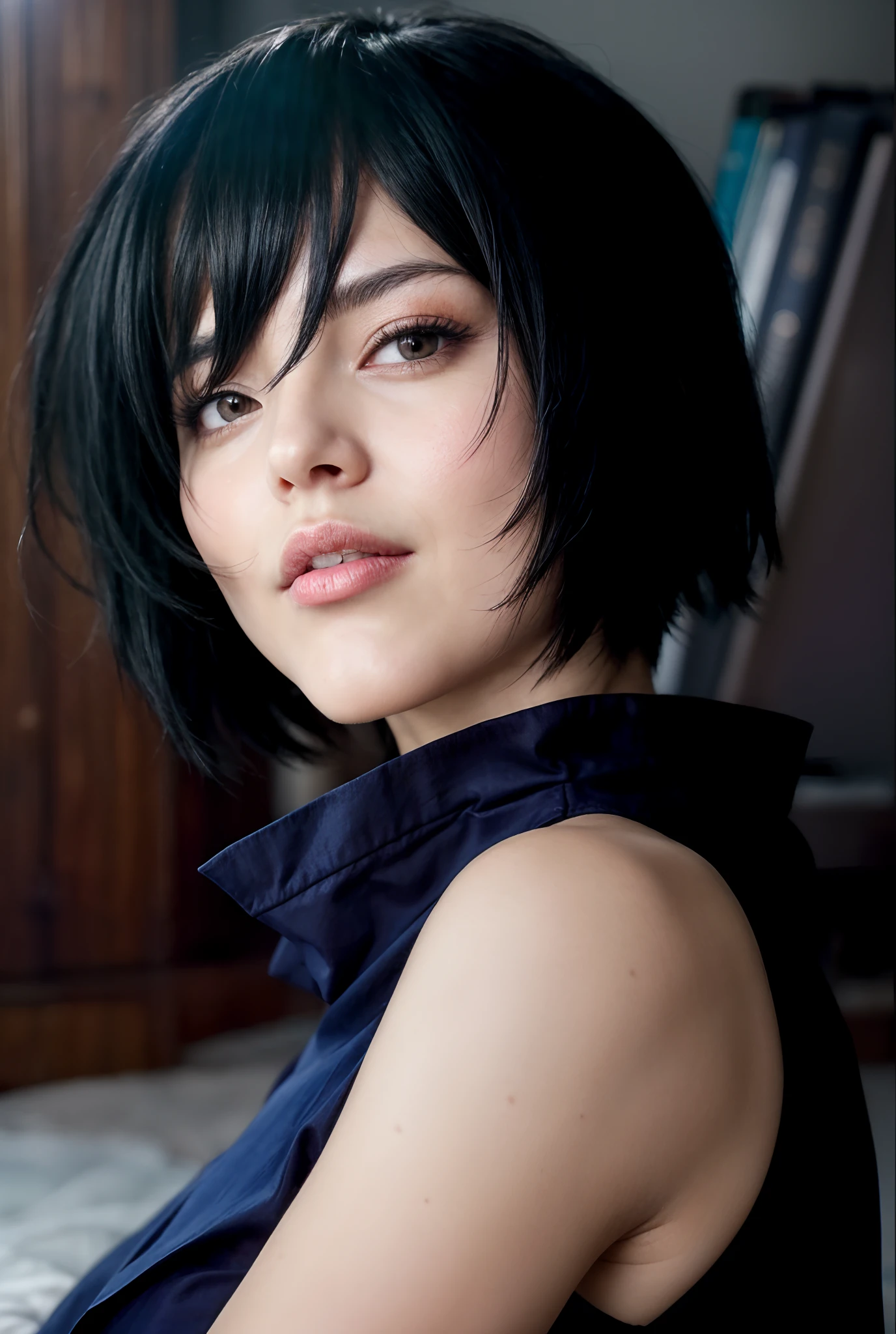 a close up of a woman with a black hair and a blue shirt, fubuki, sui ishida with black hair, High quality image, masterpiece, detailed hair texture, detailed skin texture, detailed cloth texture, 8k, add fabric details, ultra detailed skin texture, ultra detailed photo, skin pores, cloth details, high skin details, realistic hair details, realistic imperfections details