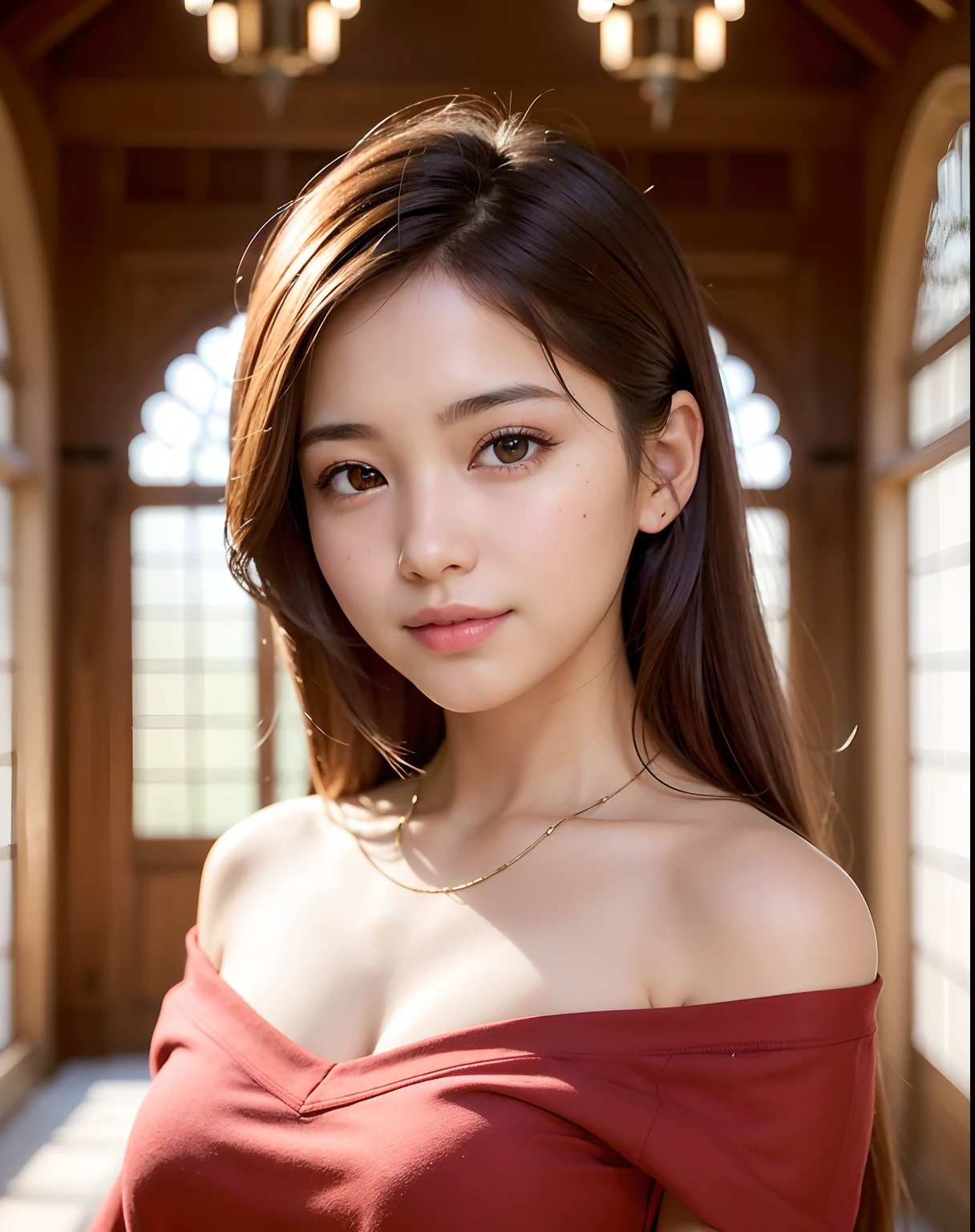 best quality, face focus, soft light, (depth of field) ,ultra high res, (photorealistic:1.4), RAW photo, (portrait:1.4) ,(from front)
1japanese girl, solo, cute, (shy, smile:1.1), (brown eyes), detailed beautiful face, (midi_hair),
The Great Hall of a European Castle, walking,
(off shoulder red shirt)