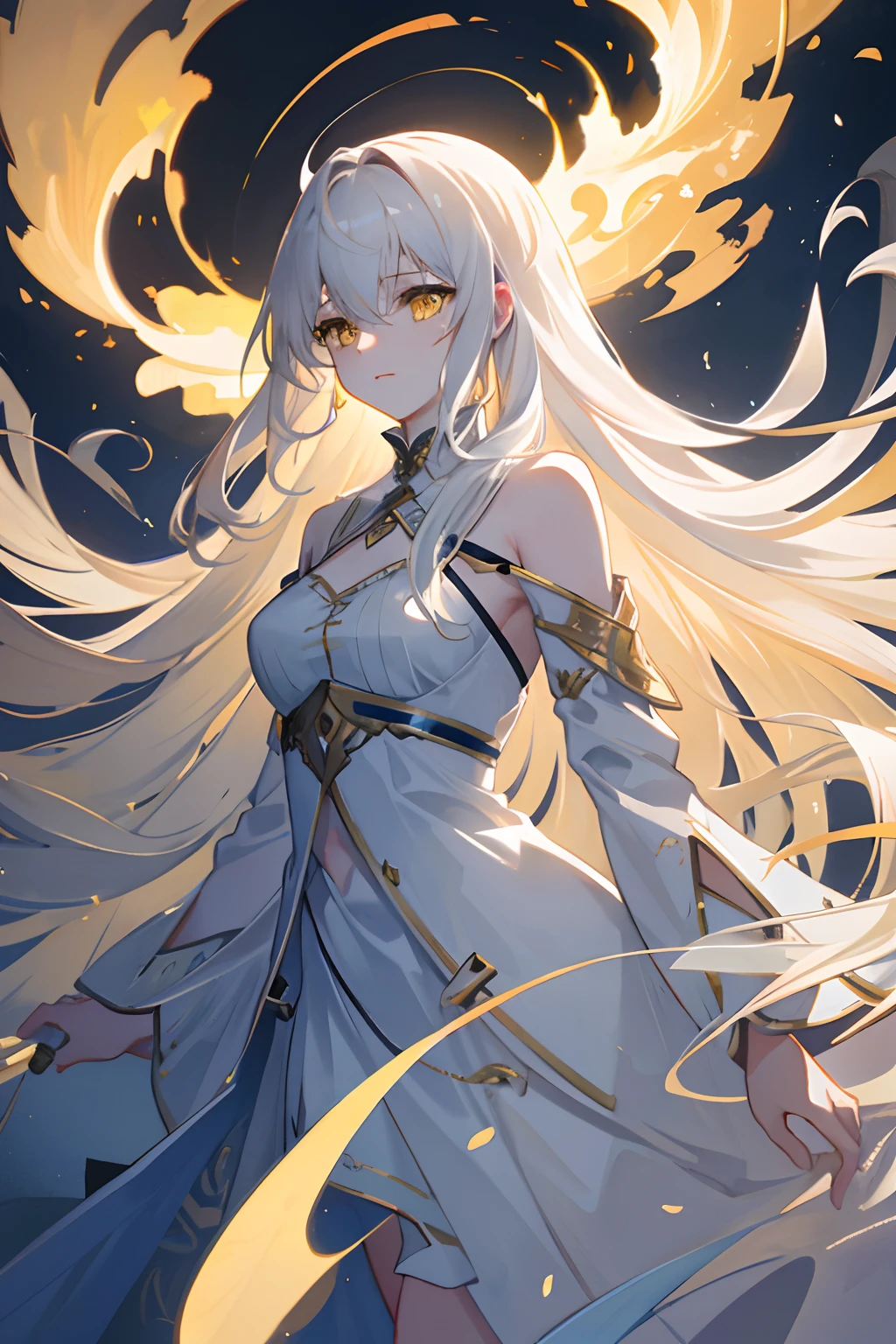 an extremely delicate and beautiful CG illustration, best quality, high resolution, dynamic angle, full-length shot, (1girl), yellow eyes and straight long white hair, floating, soft light, high-key lighting)