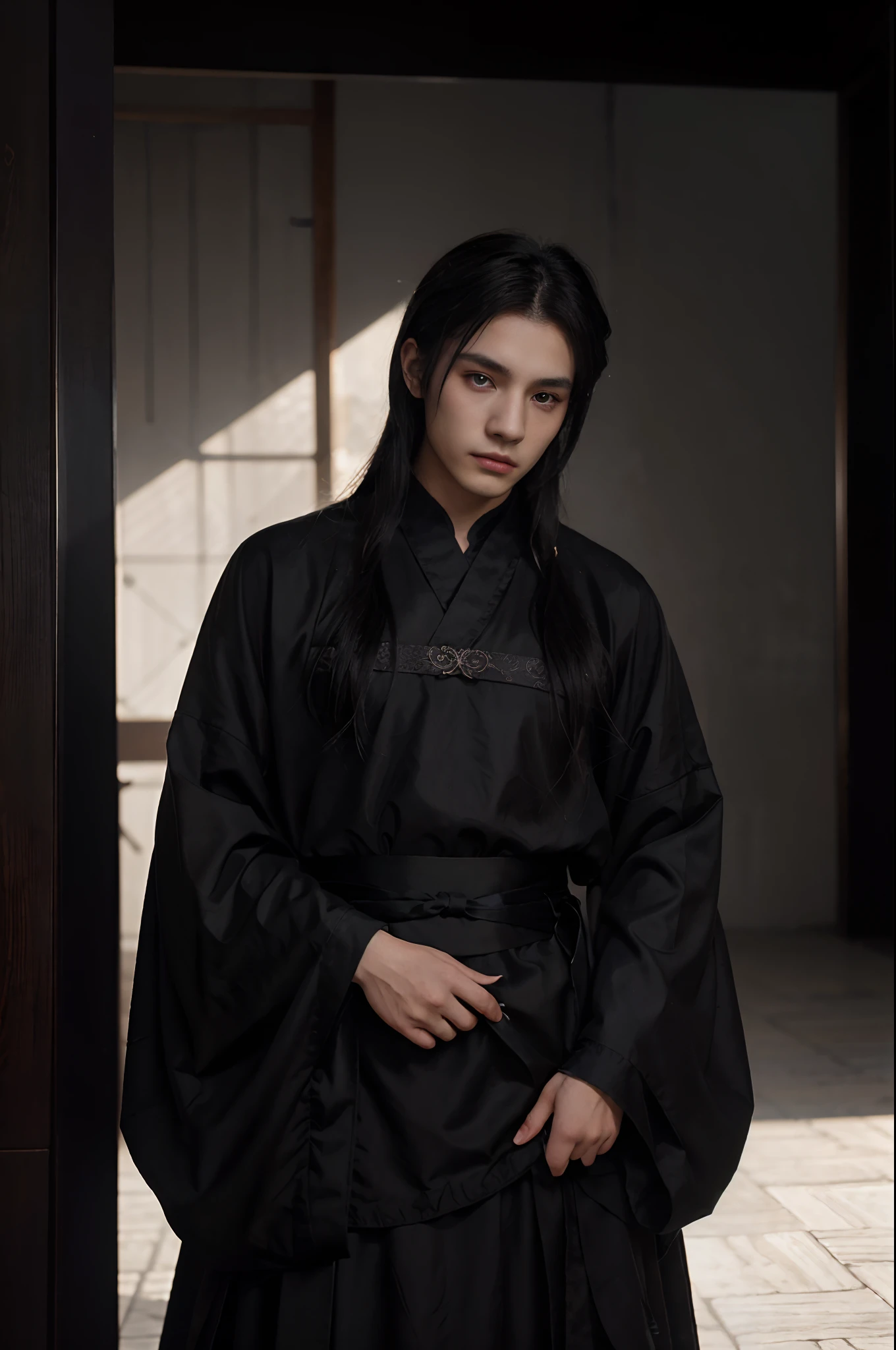 a 22 years-old cool male, (male), (wearing black hanfu), ((noctambulant clothes)), calm and cold atmosphere, (bright eyes), (cold eyes), gradient eyes, anime, reflection light, ray tracing, depth of field, (cowboy shot), cinematic lighting, masterpiece, best quality, high details, highres, HD, 1080P