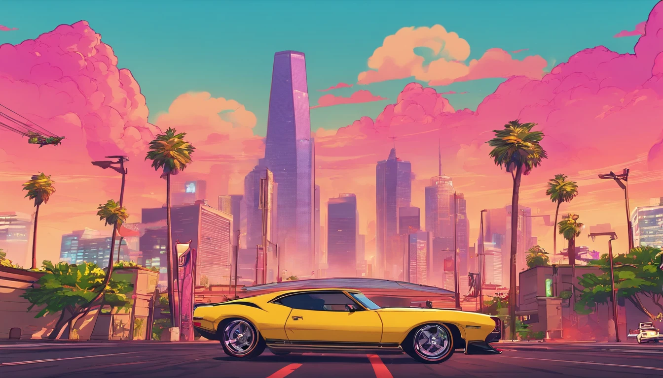 GTAV loading screen 2D graphics, wide angle, cinematic composition, in front of a city, shader, bright cinematic lighting, soft contrast, GTA5 loading screen, gta art, 4k wallpaper, 4k wallpaper, 4k hq wallpaper, gta loading screen graphics, fan art, Rockstar games art
