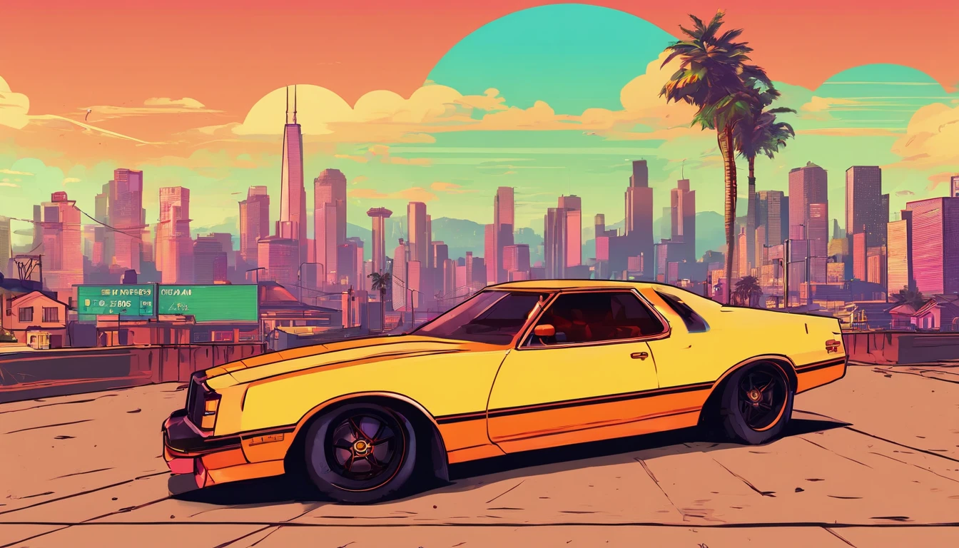 GTAV loading screen 2D graphics, wide angle, cinematic composition, in front of a city, shader, bright cinematic lighting, soft contrast, GTA5 loading screen, gta art, 4k wallpaper, 4k wallpaper, 4k hq wallpaper, gta loading screen graphics, fan art, Rockstar games art