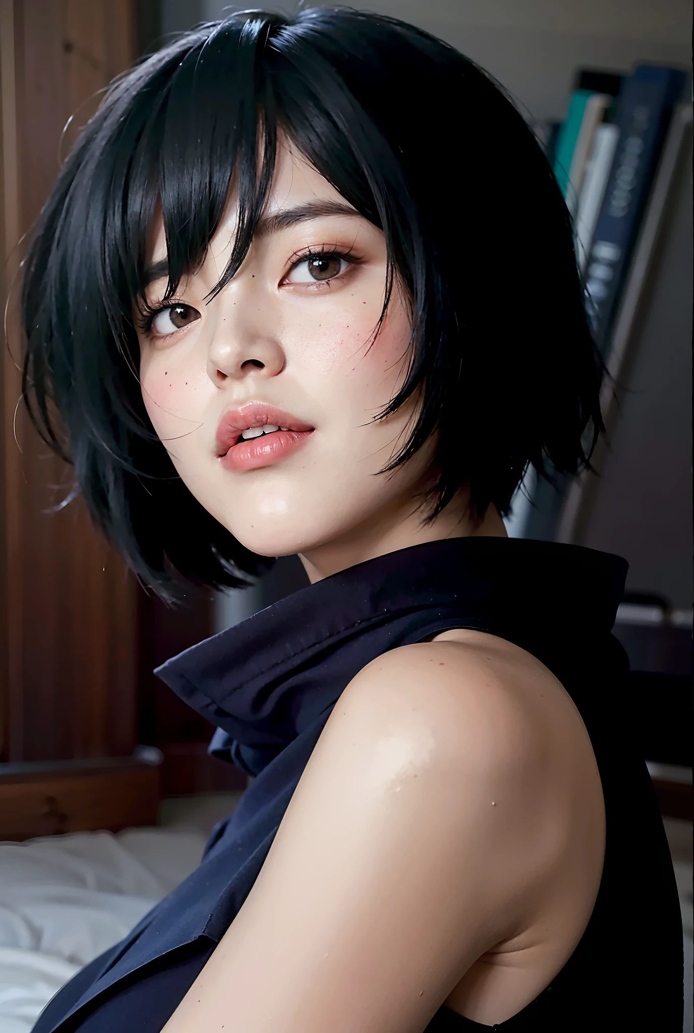 a close up of a woman with a black hair and a blue shirt, fubuki, sui ishida with black hair, High quality image, masterpiece, detailed hair texture, detailed skin texture, detailed cloth texture, 8k, add fabric details, ultra detailed skin texture, ultra detailed photo, skin pores, cloth details, high skin details, realistic hair details, realistic imperfections details