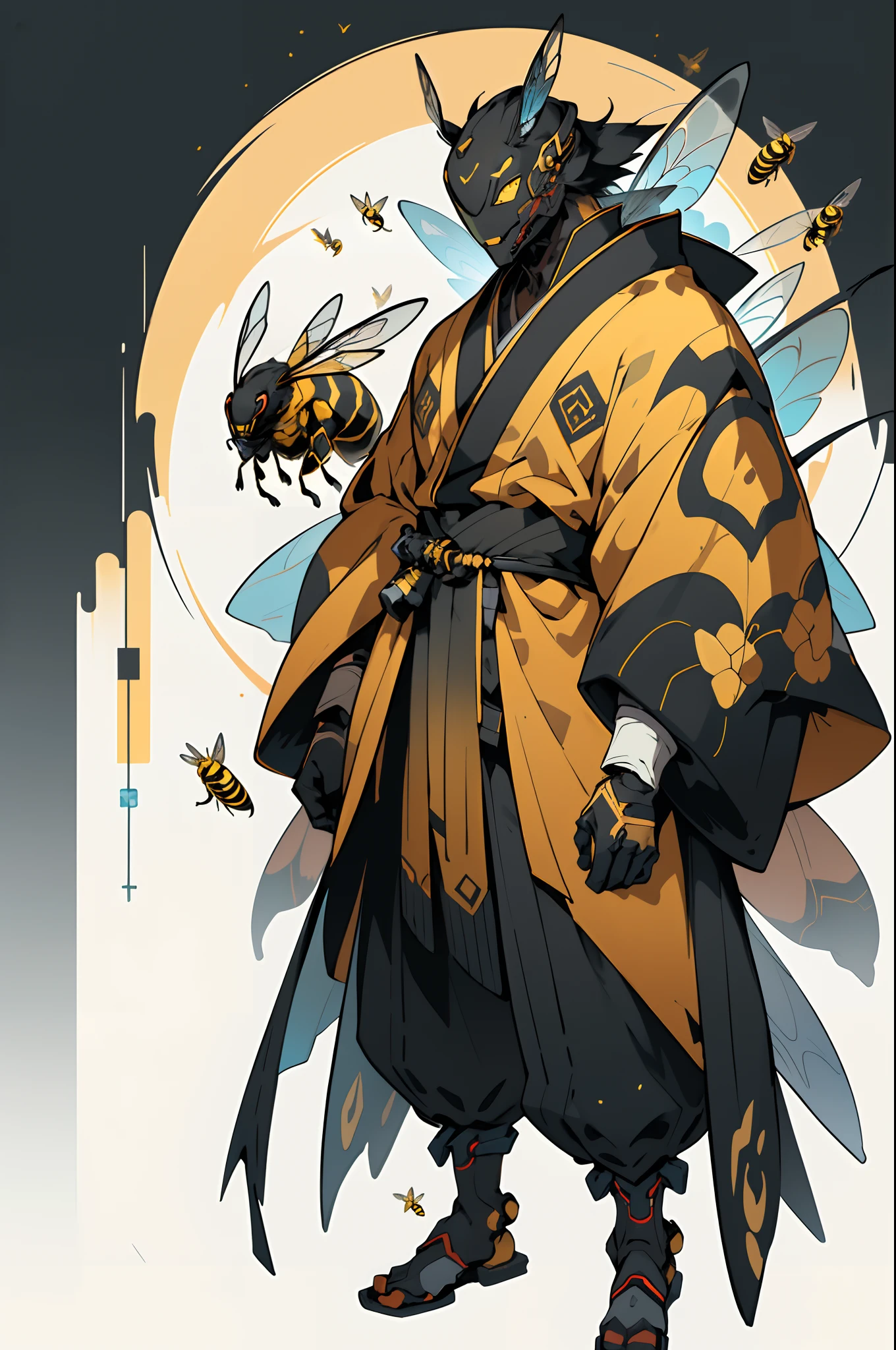 1 Anthropomorphism of bees, femele，standing full-body，Solo, (tmasterpiece，top Quority，best qualtiy), ((Anthropomorphism of bees)), 独奏, human structure bee concept art, character design contest winner, cyberpunk bee, Great character design, Japanese kimono wasp, Fantasy beekeeper, （（onmyoji style，Surreal Science Fiction Art，Future Science Fiction Aesthetics））, Creature kimono wasps, (The main colors are yellow and black), interesting character design, insect trainer girl, no type, cushart kenz, Onmyoji kimono wasp, full body concept, high quality character design, character design art, ((very simple background))、(Game character design), white backgrounid（（（flatcolors）））