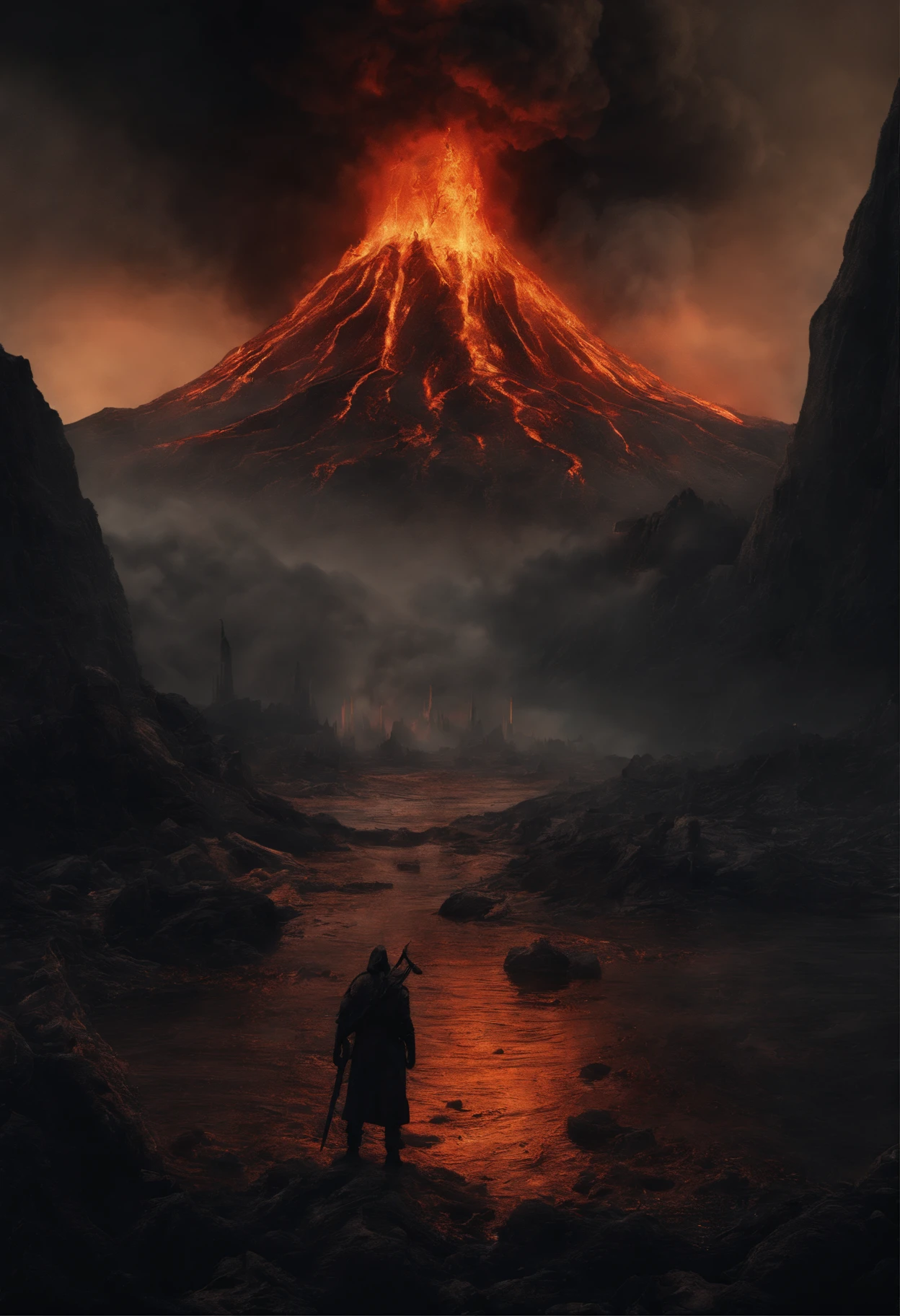 Lakeside lava and lava Mount Araf, an ancient city on fire, volcano background, a volcano erupts, mount doom, volcano landscape, fantasy epic digital art, 8k matte painting, 8 k matte painting, volcano exploding, Illustration matte painting, 4k highly detailed digital art, volcano setting, a volcano erupts, fantasy matte painting