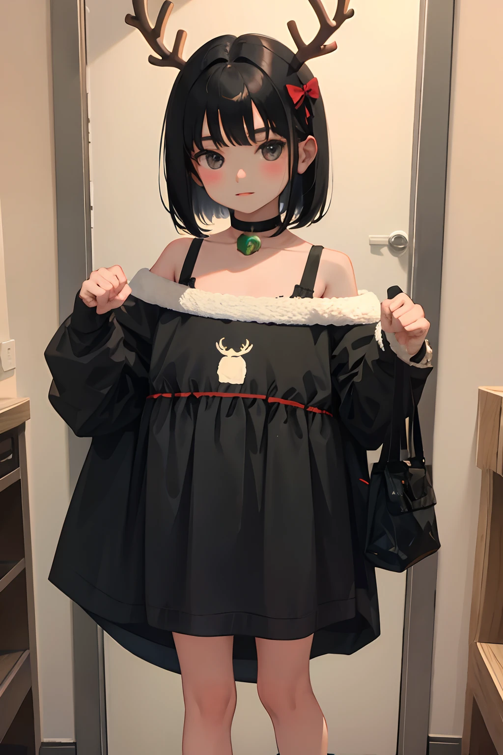 child,Christmas,A dark-haired,Medium bob,Reindeer Cosplay